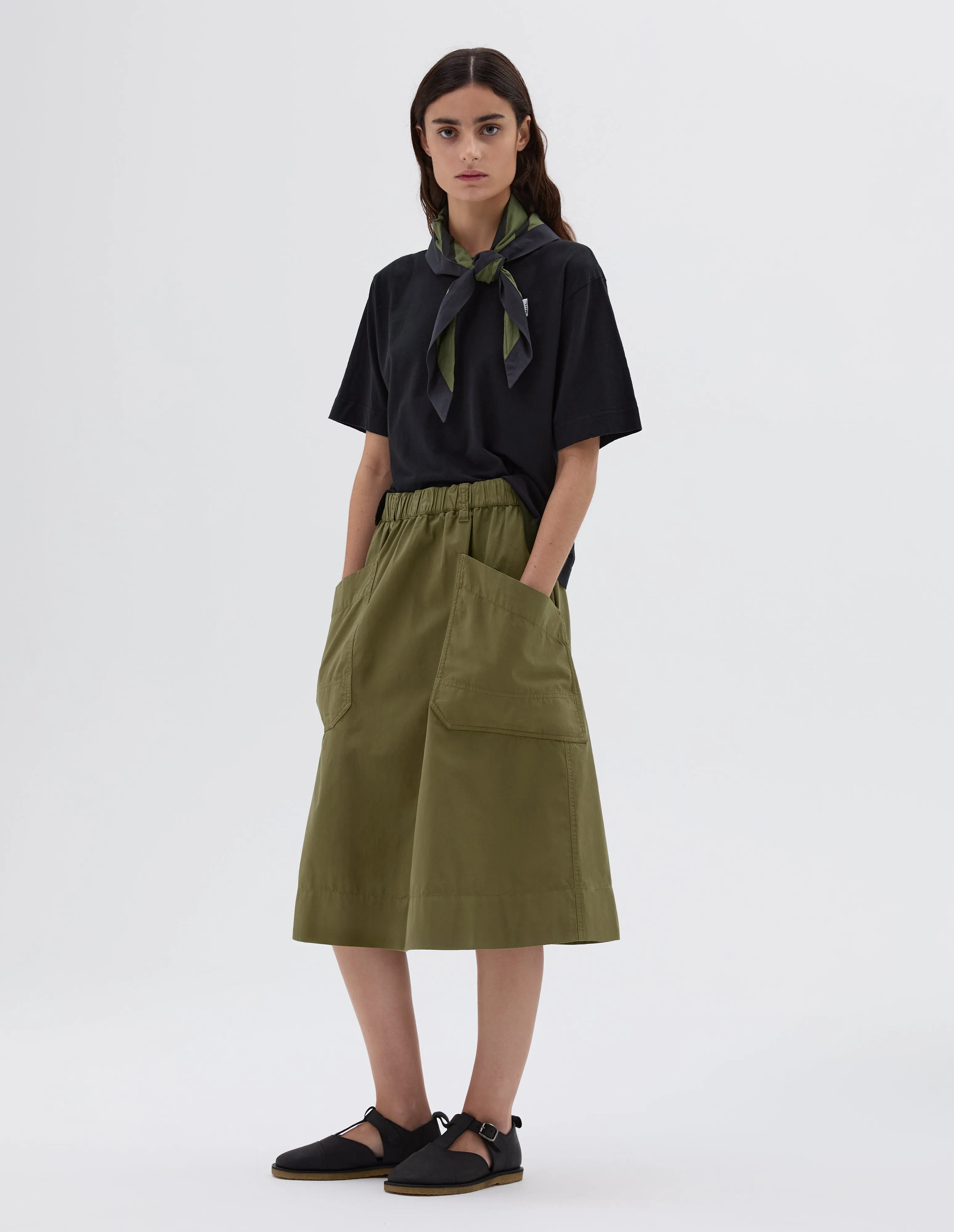MHL. PATCH POCKET SKIRT | WASHED COTTON POPLIN | KHAKI GREEN sold by Margaret Howell