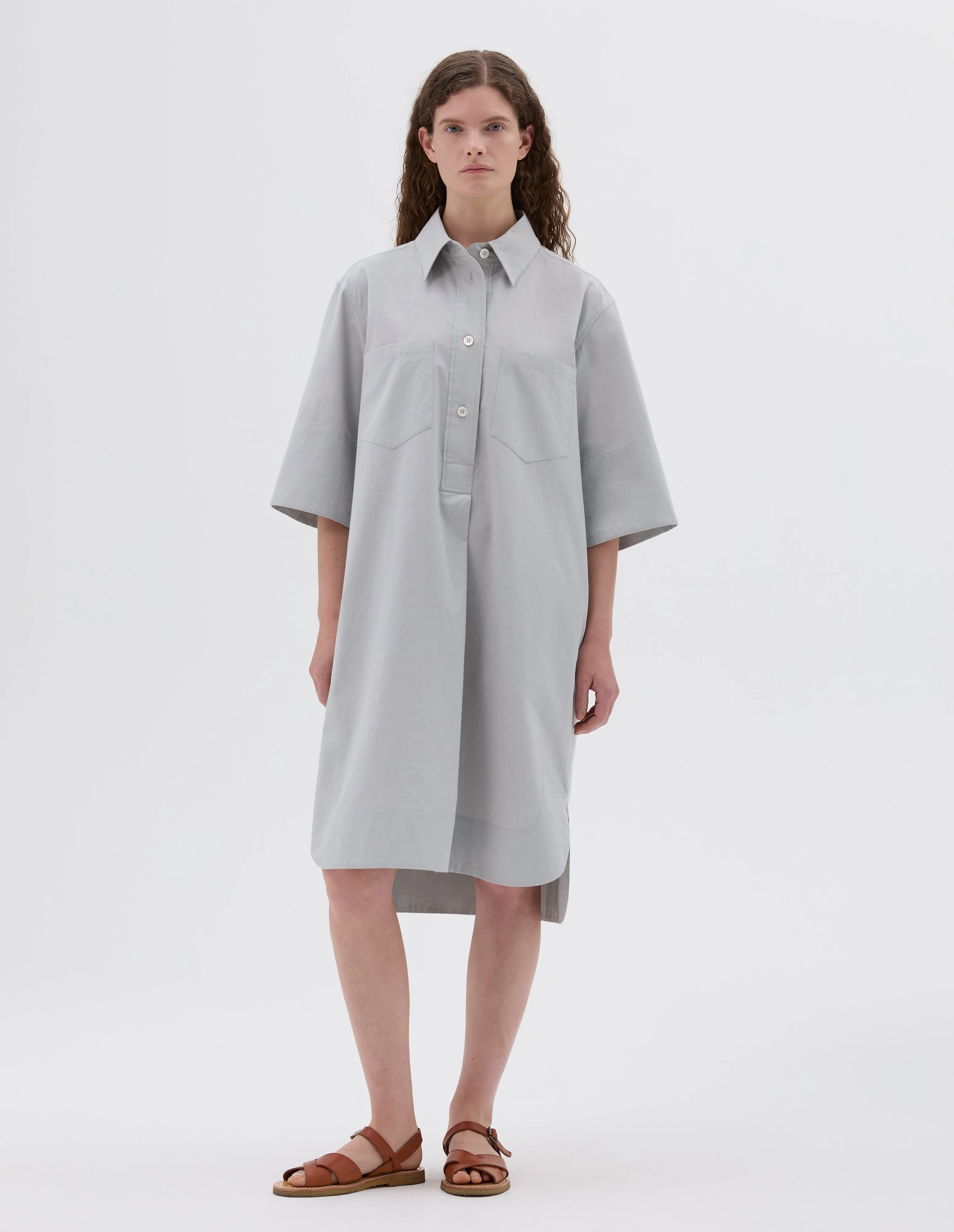 SHORT SLEEVE SHIRT DRESS | NATURAL DYE POPLIN | FADED GREY sold by Margaret Howell