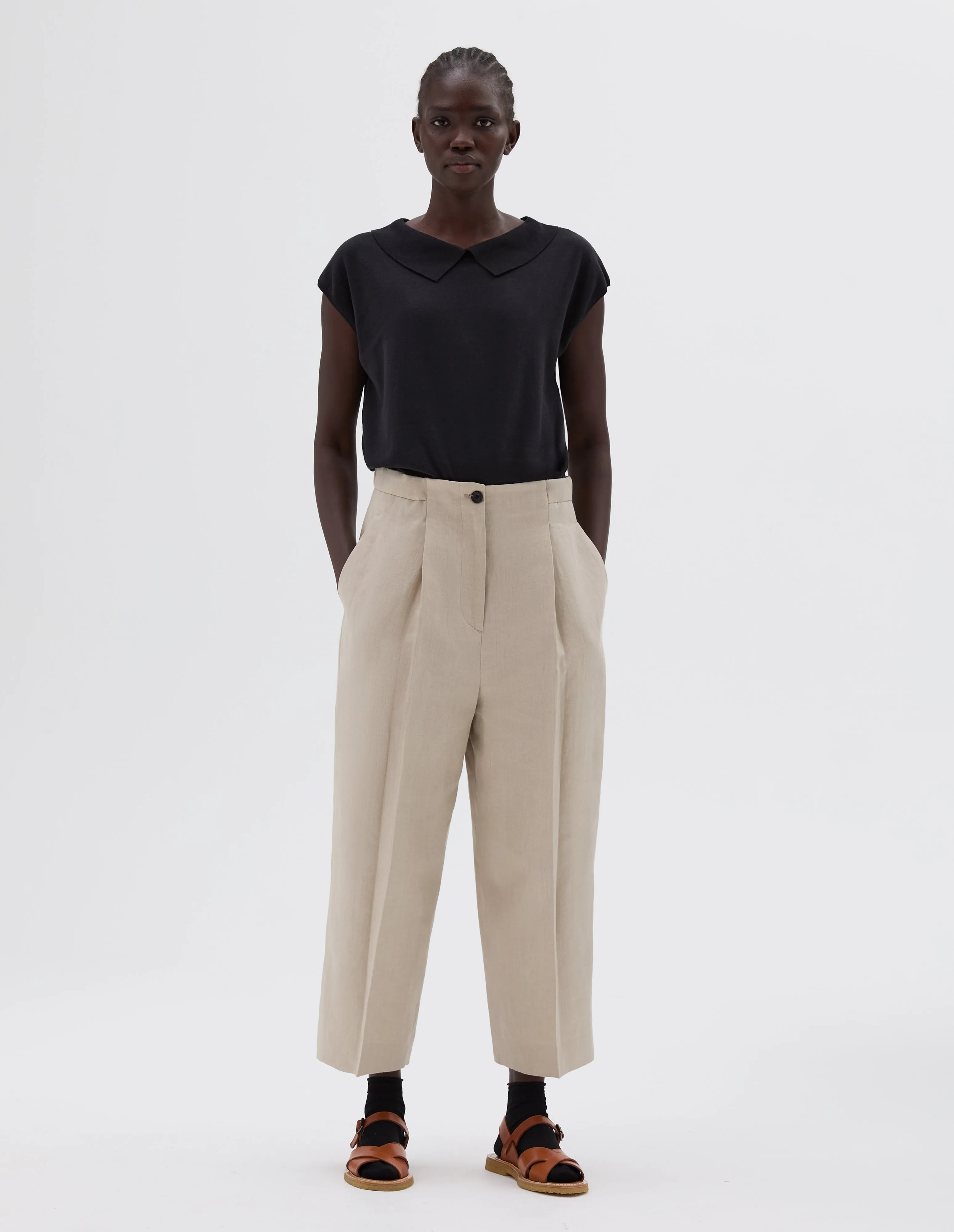 PLEATED FRONT CROPPED TROUSERS | COMPACT LINEN YARNDYE | NATURAL sold by Margaret Howell