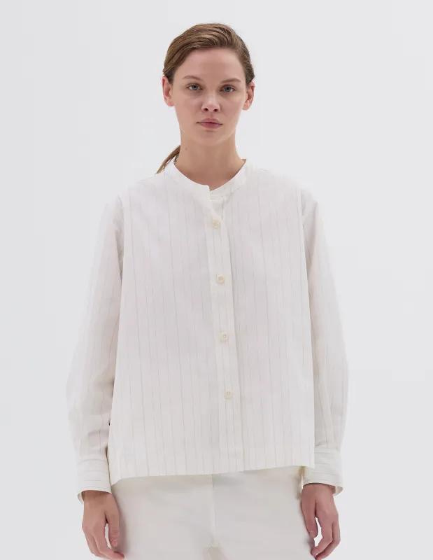 MHL. BUTTON THROUGH COLLARLESS SHIRT | MHL UNEVEN STRIPE | OFF WHITE / OLIVE sold by Margaret Howell