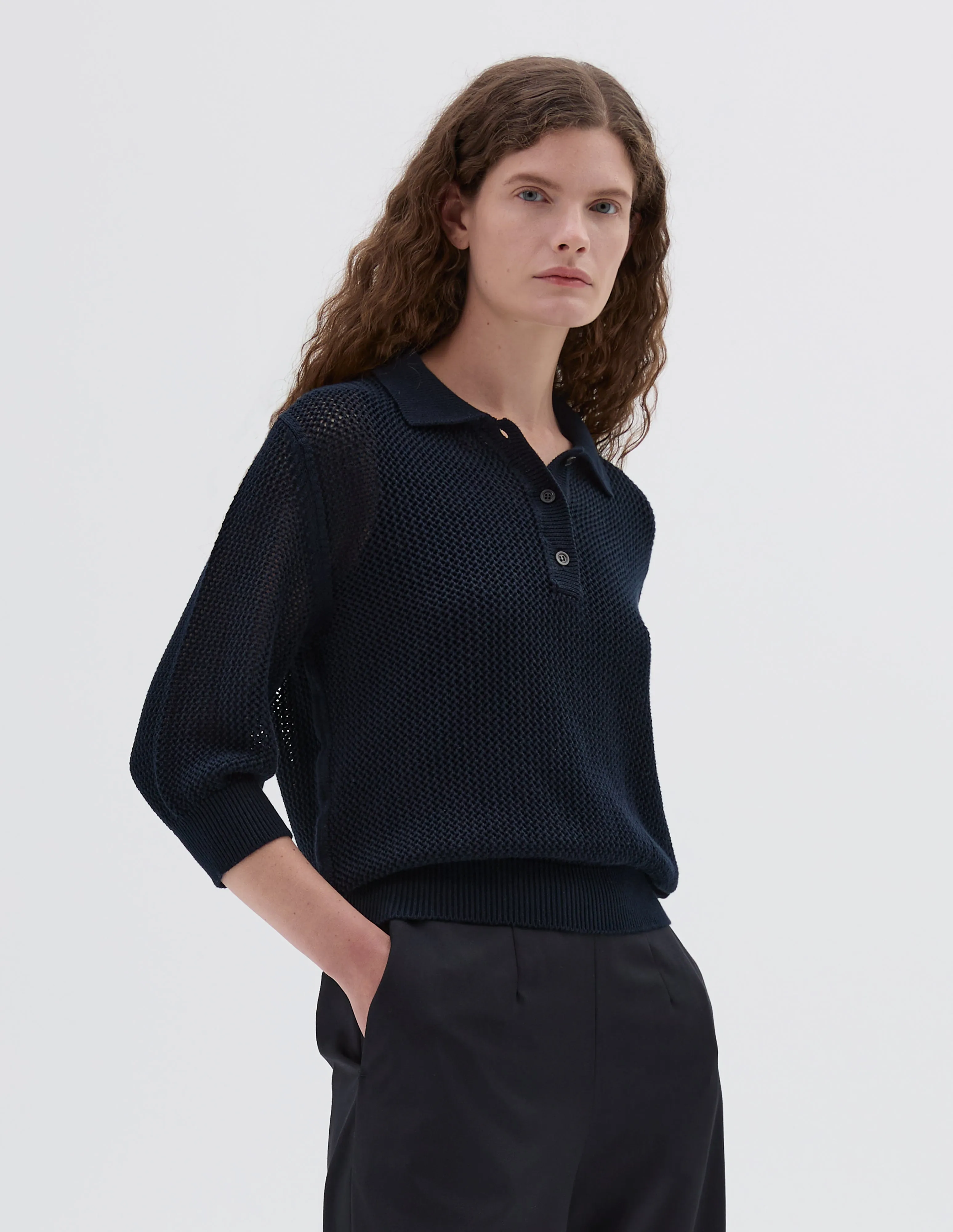 POINTELLE POLO SHIRT | LIGHT COTTON CASHMERE | INK sold by Margaret Howell