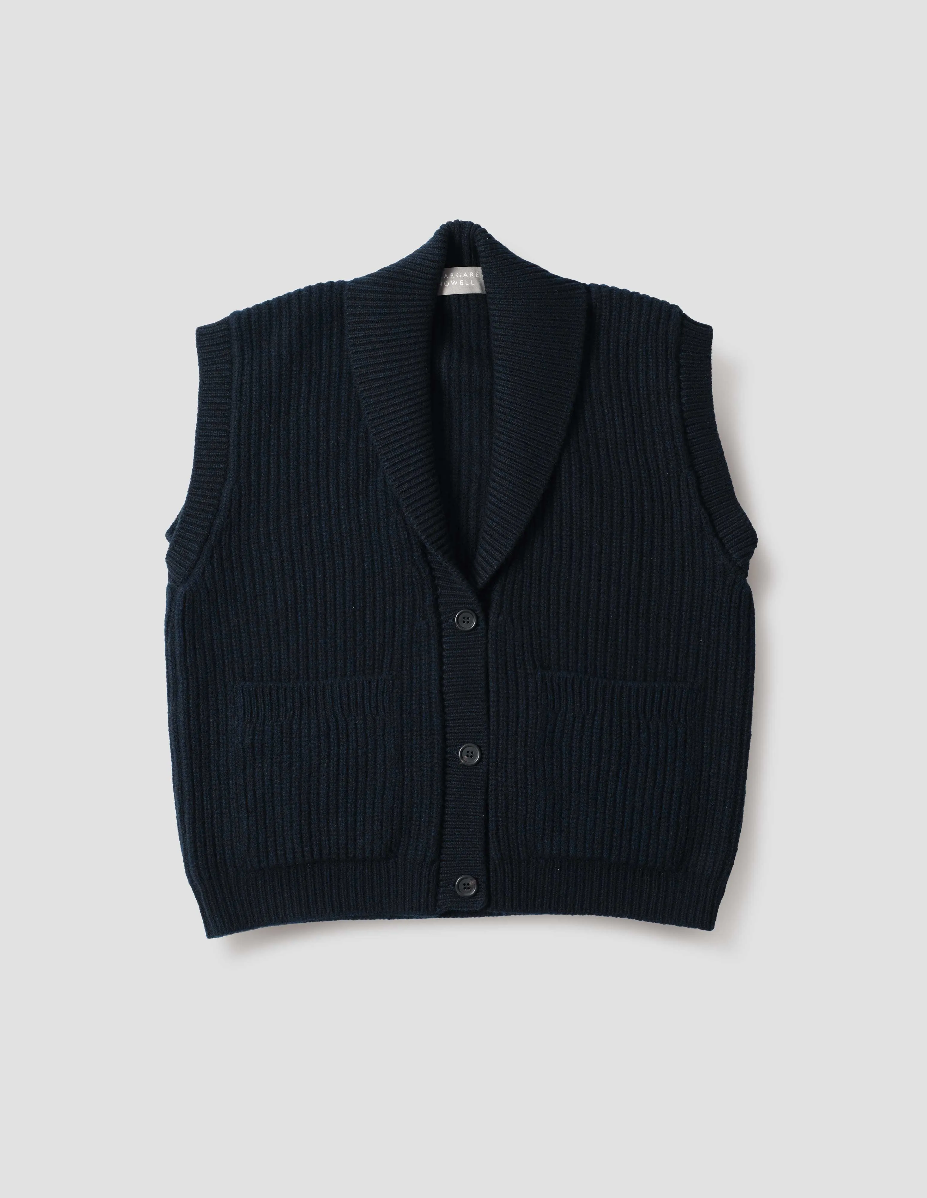 ENGLISH RIB SHAWL COLLAR WAISTCOAT | SOFT SPUN WOOL | DARK NAVY TWIST sold by Margaret Howell product image thumbnail 4