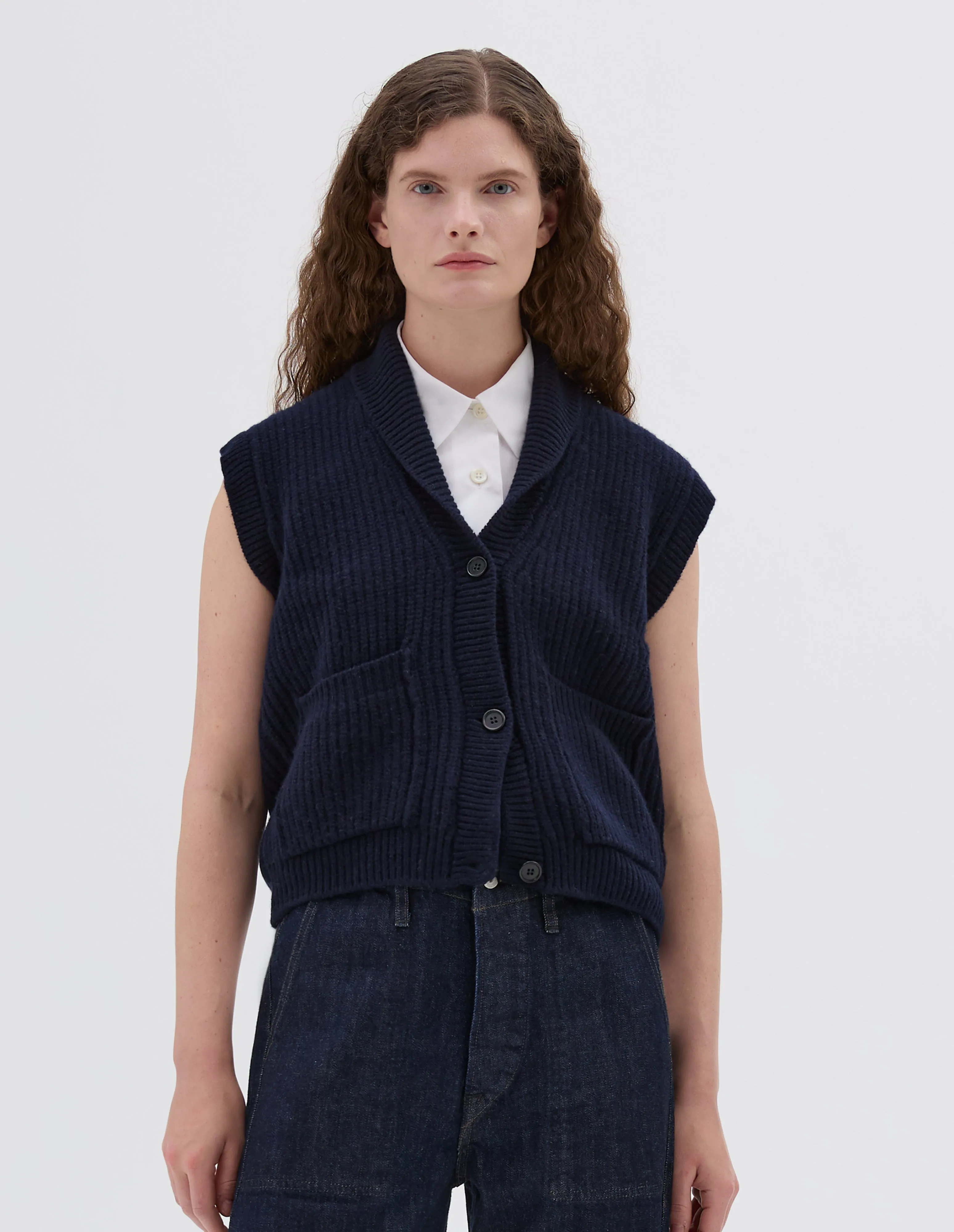 ENGLISH RIB SHAWL COLLAR WAISTCOAT | SOFT SPUN WOOL | DARK NAVY TWIST sold by Margaret Howell