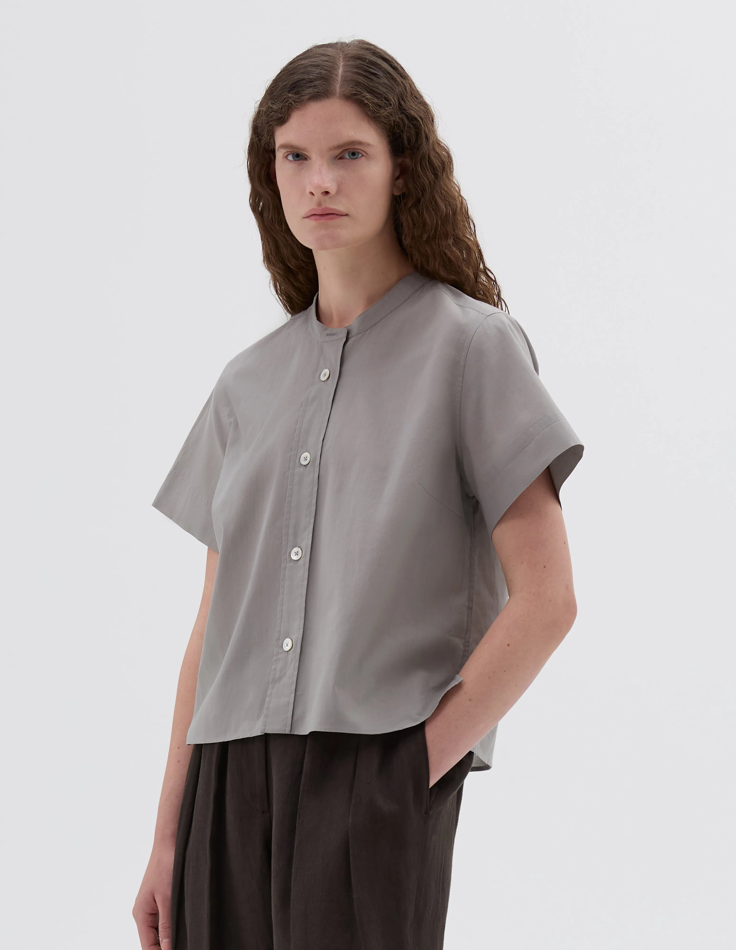SHORT SLEEVE COLLARLESS SHIRT | WASHED COTTON | PALE SAGE sold by Margaret Howell