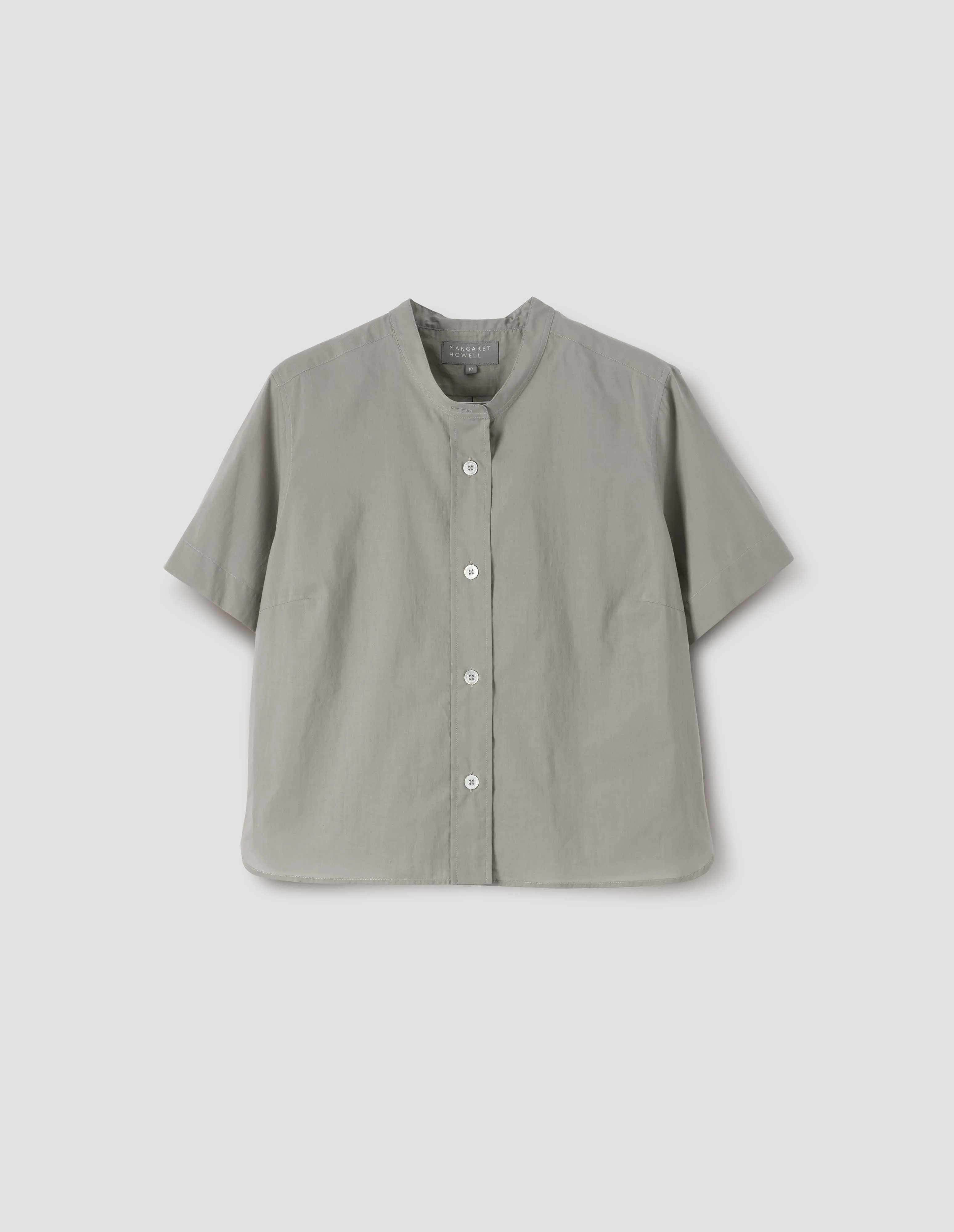 SHORT SLEEVE COLLARLESS SHIRT | WASHED COTTON | PALE SAGE sold by Margaret Howell product image thumbnail 4