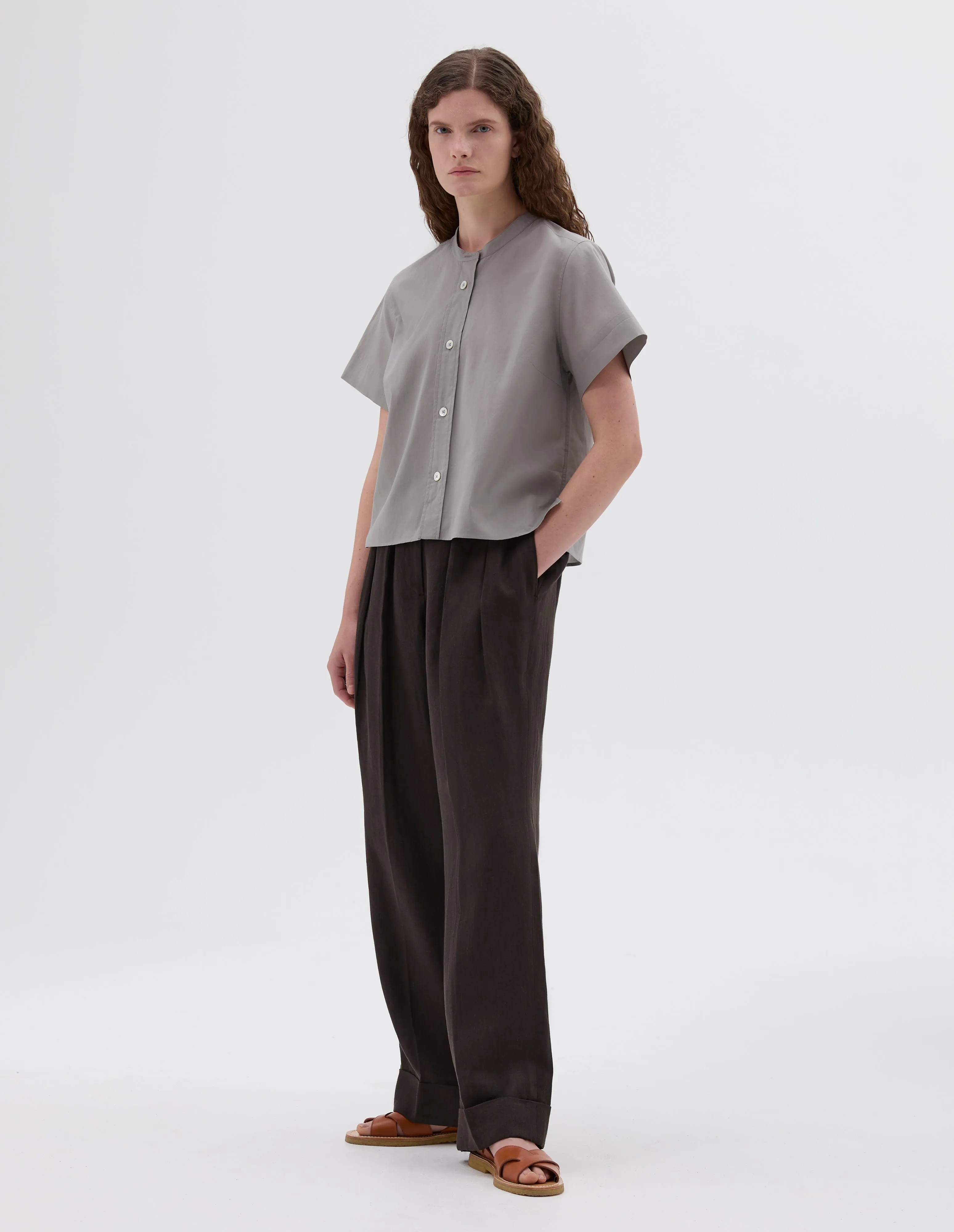 SHORT SLEEVE COLLARLESS SHIRT | WASHED COTTON | PALE SAGE sold by Margaret Howell product image thumbnail 2