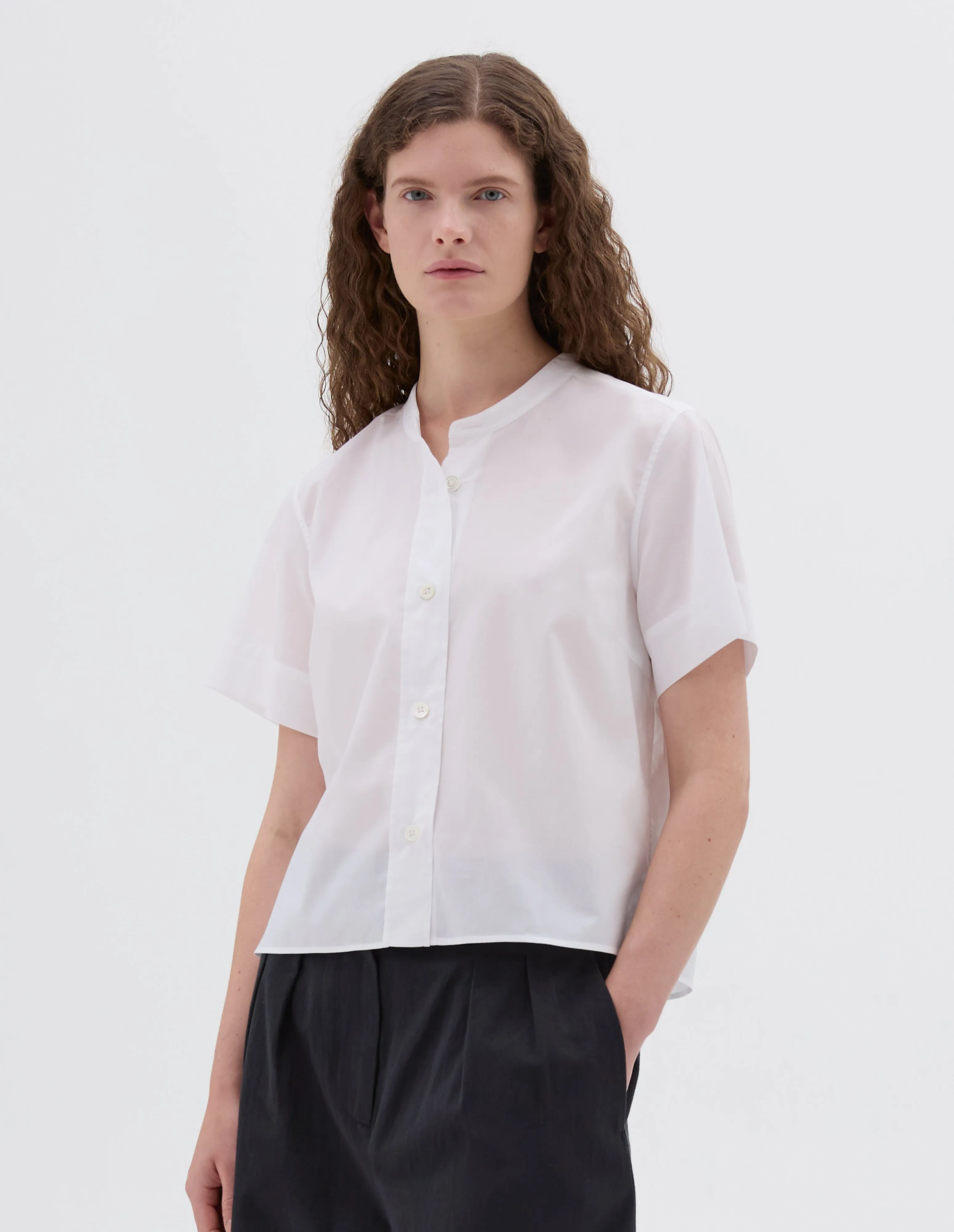 SHORT SLEEVE COLLARLESS SHIRT | WASHED COTTON | WHITE sold by Margaret Howell