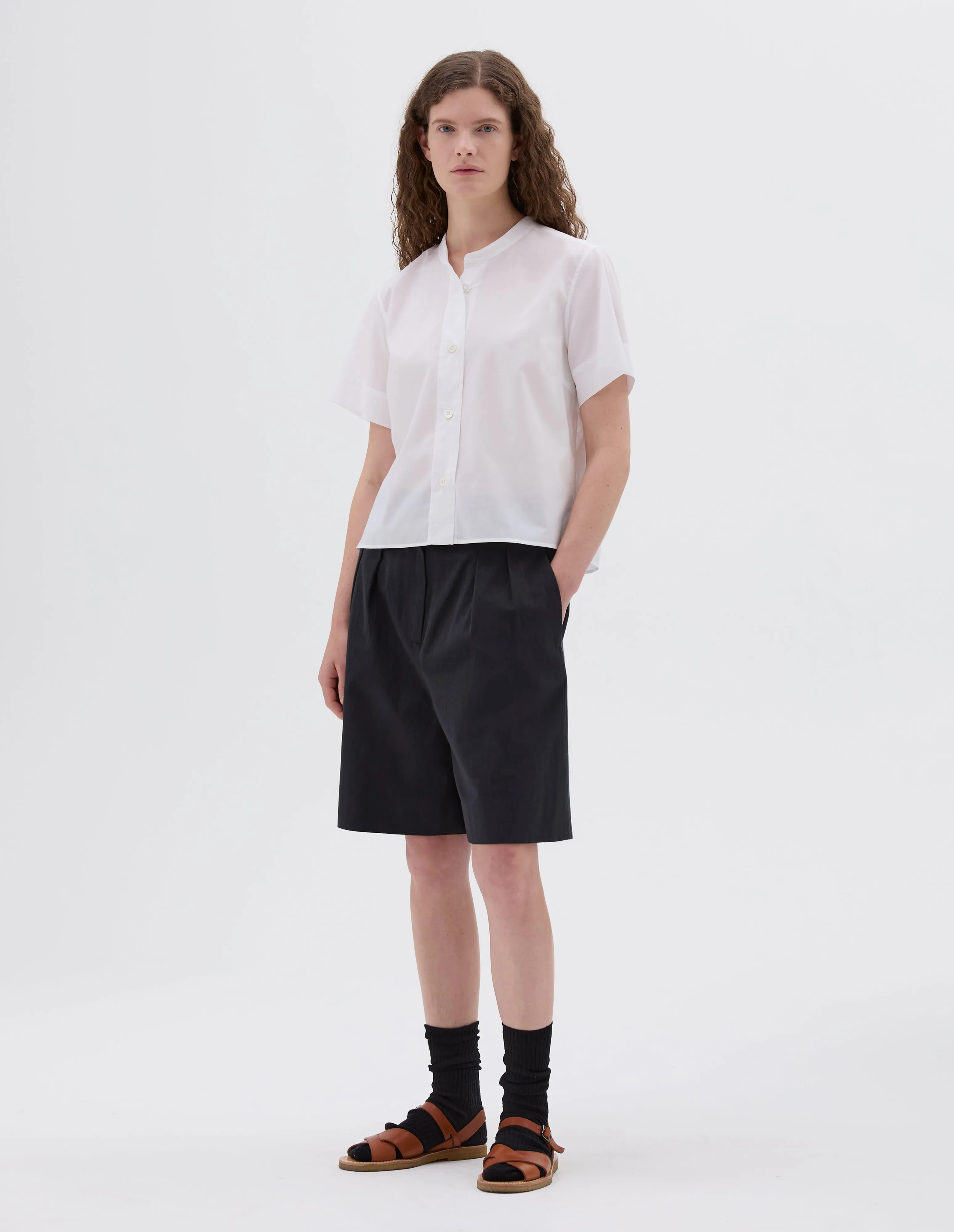 SHORT SLEEVE COLLARLESS SHIRT | WASHED COTTON | WHITE sold by Margaret Howell product image thumbnail 2