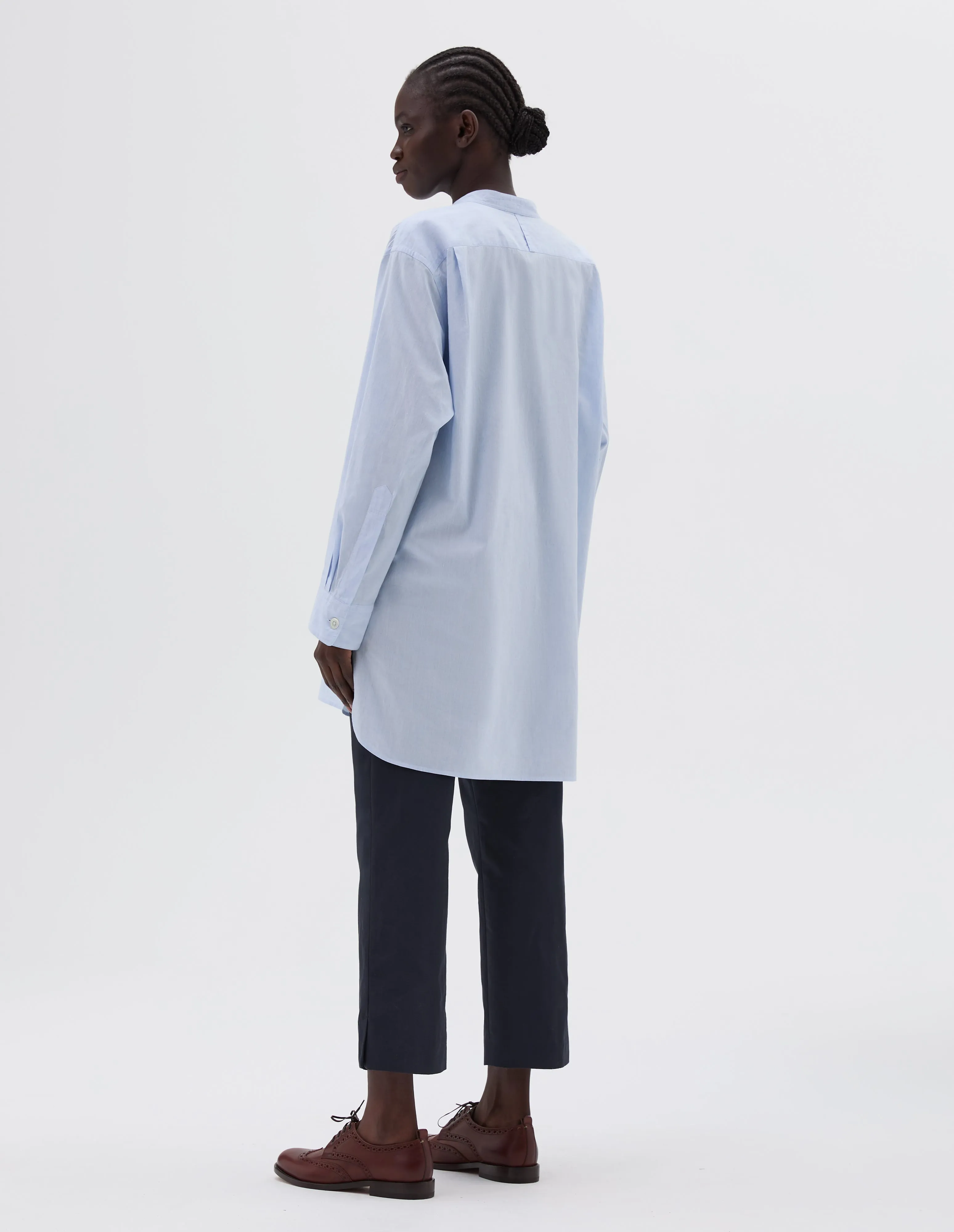 LONGLINE COLLARLESS SHIRT | END ON END COTTON LINEN | PALE BLUE sold by Margaret Howell product image thumbnail 2