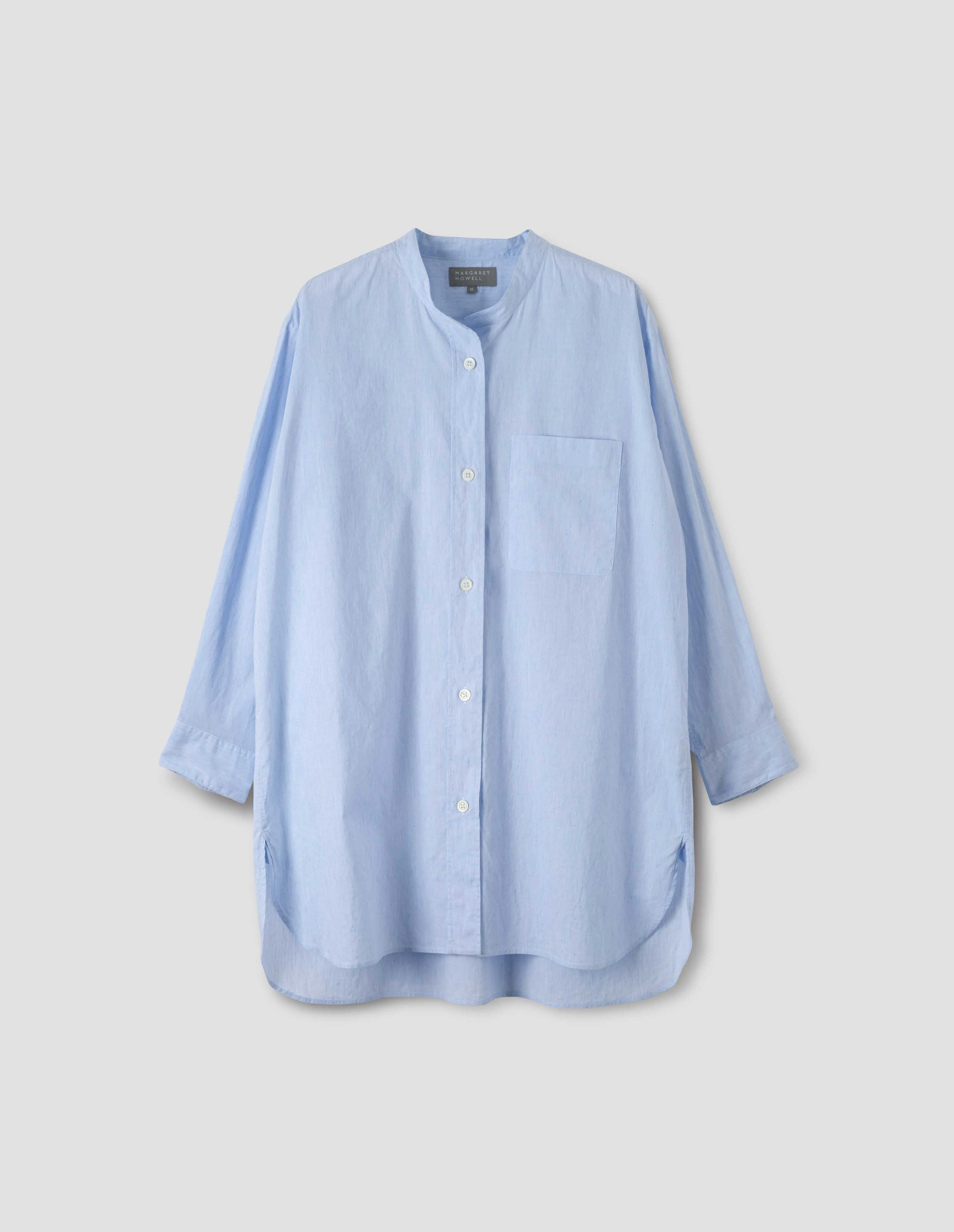 LONGLINE COLLARLESS SHIRT | END ON END COTTON LINEN | PALE BLUE sold by Margaret Howell product image thumbnail 3