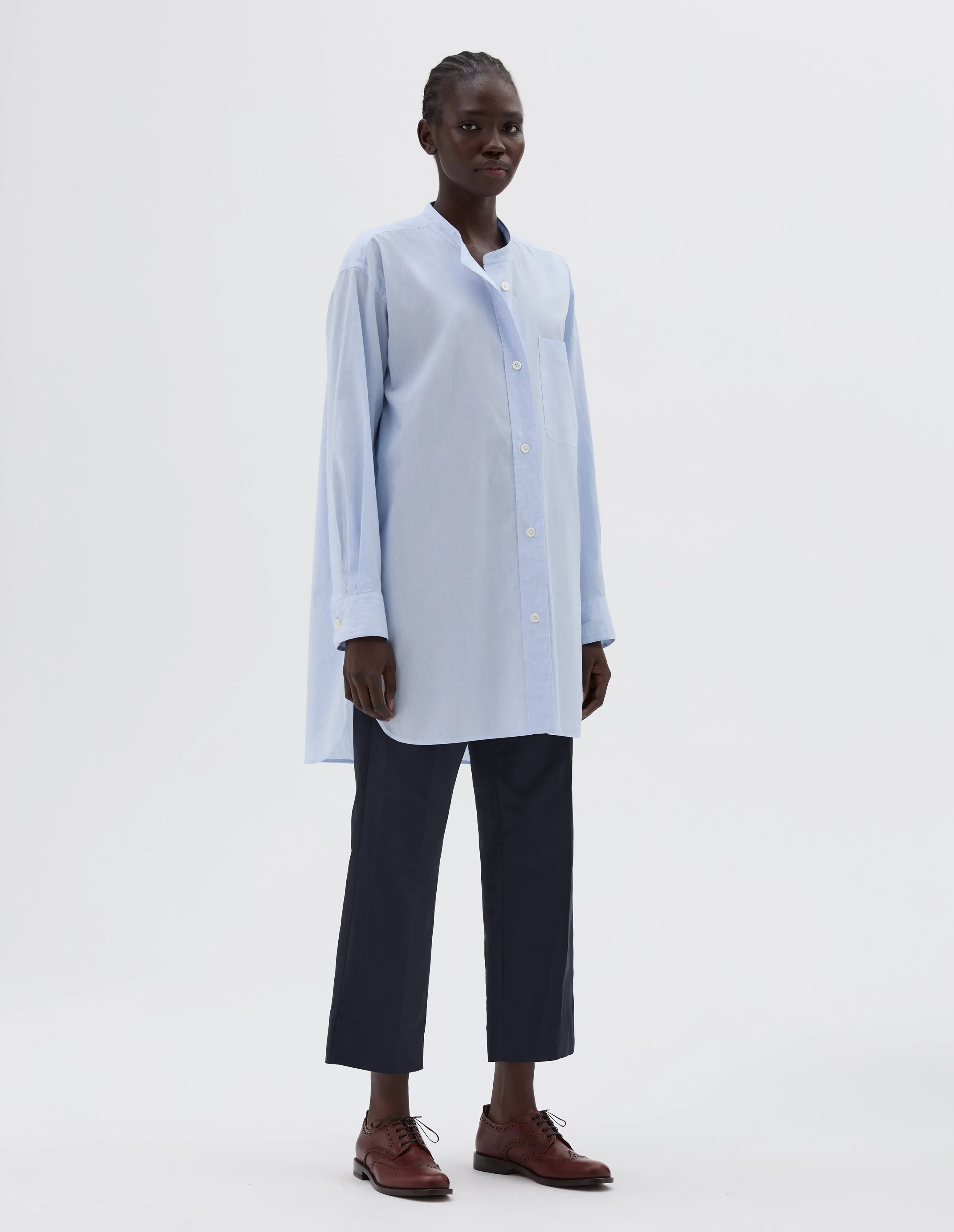 LONGLINE COLLARLESS SHIRT | END ON END COTTON LINEN | PALE BLUE sold by Margaret Howell
