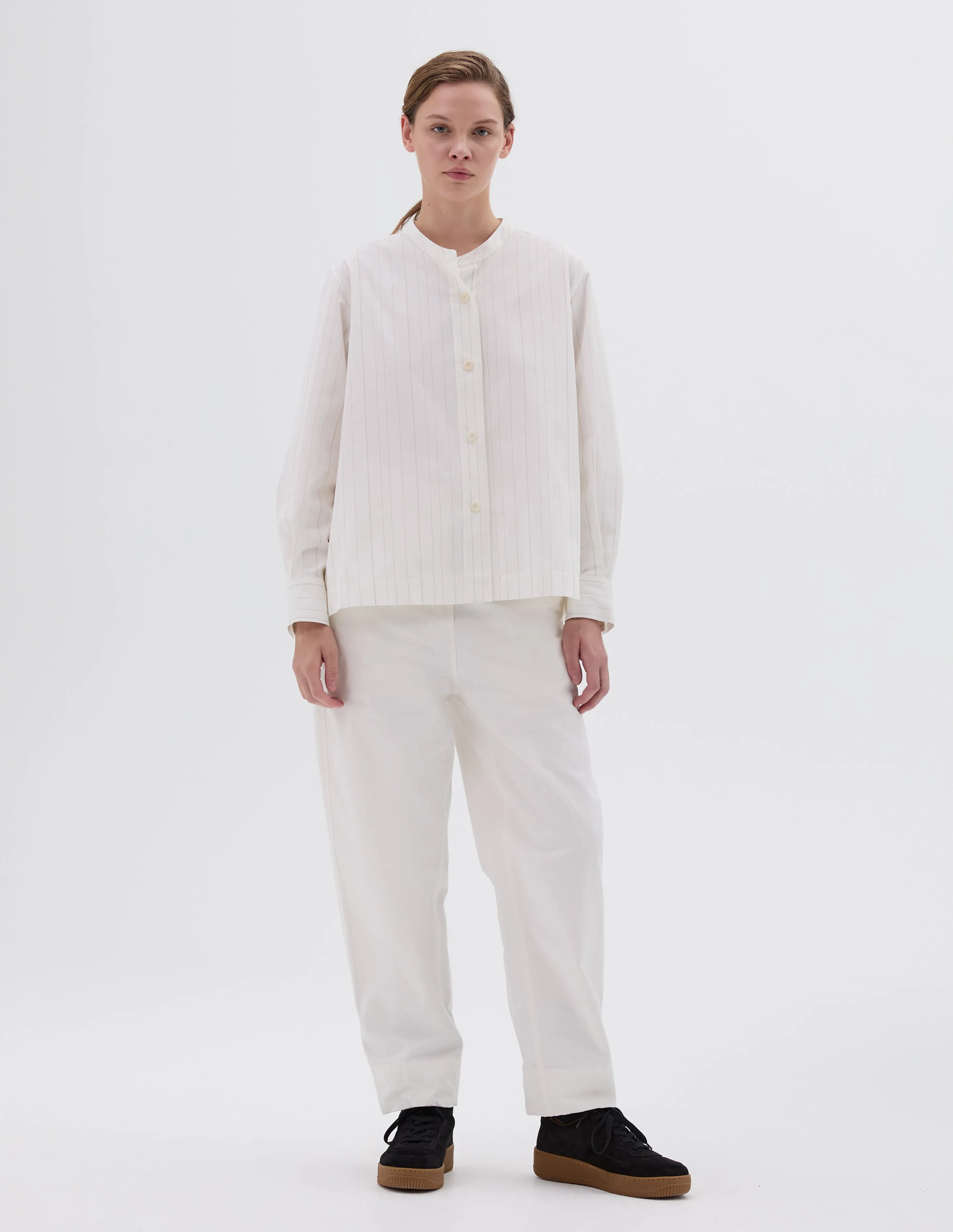 MHL. BUTTON THROUGH COLLARLESS SHIRT | UNEVEN STRIPE | OFF WHITE / OLIVE sold by Margaret Howell product image thumbnail 2