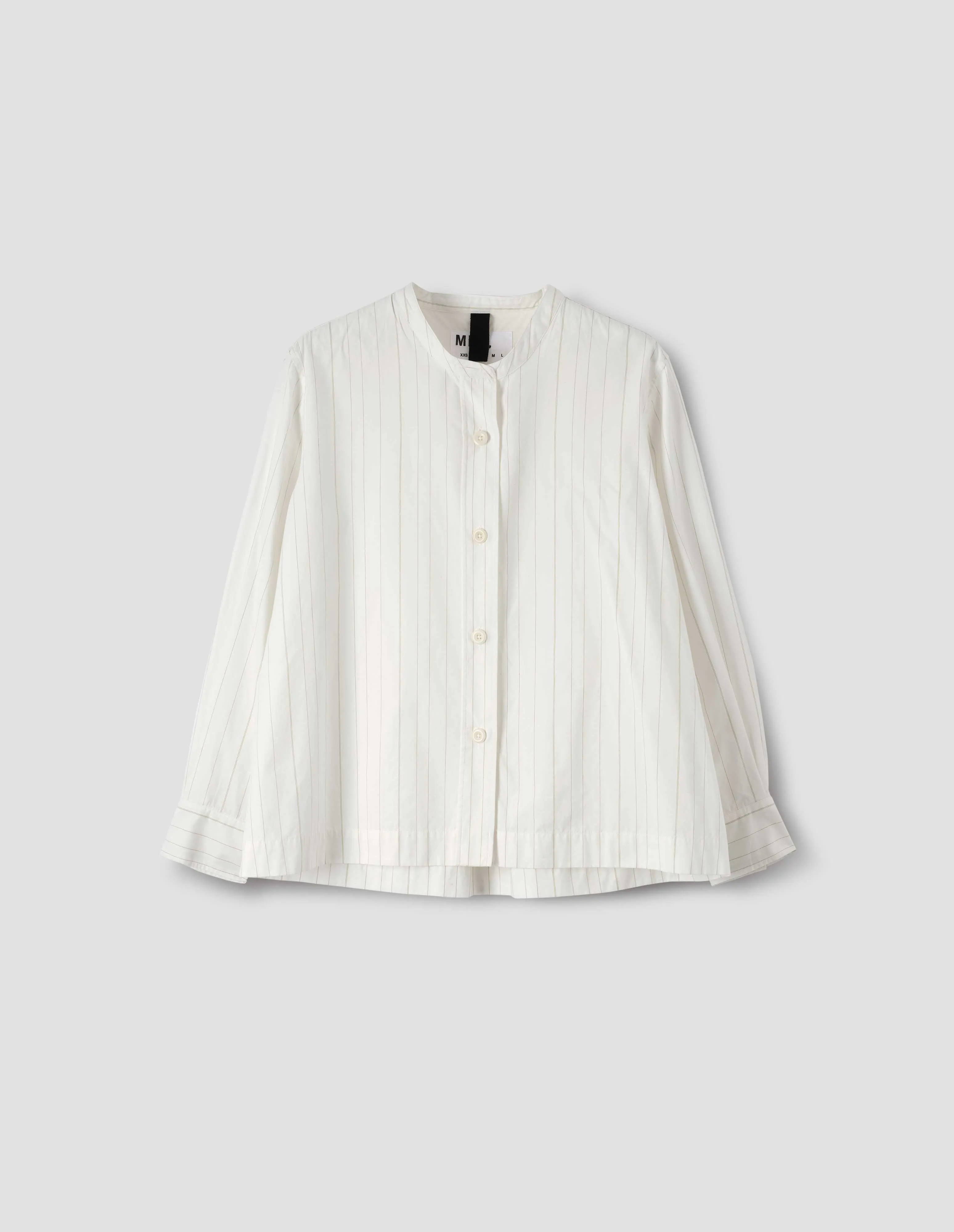 MHL. BUTTON THROUGH COLLARLESS SHIRT | UNEVEN STRIPE | OFF WHITE / OLIVE sold by Margaret Howell product image thumbnail 4