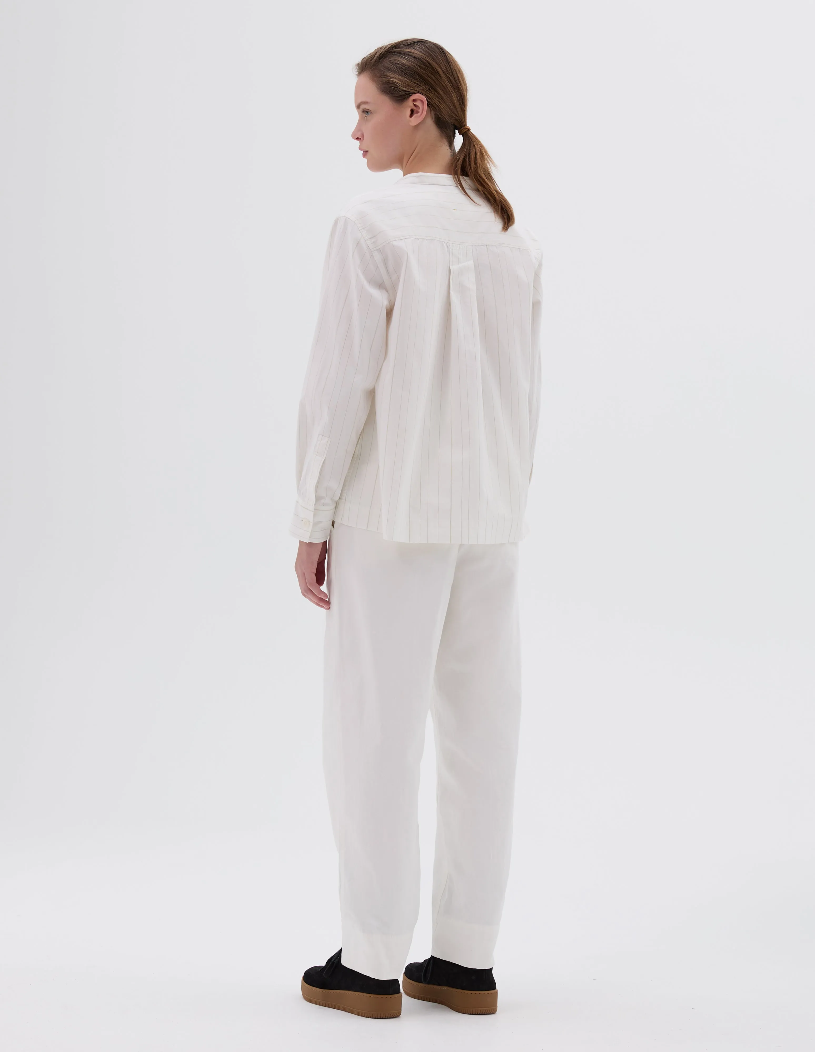 MHL. BUTTON THROUGH COLLARLESS SHIRT | UNEVEN STRIPE | OFF WHITE / OLIVE sold by Margaret Howell product image thumbnail 3