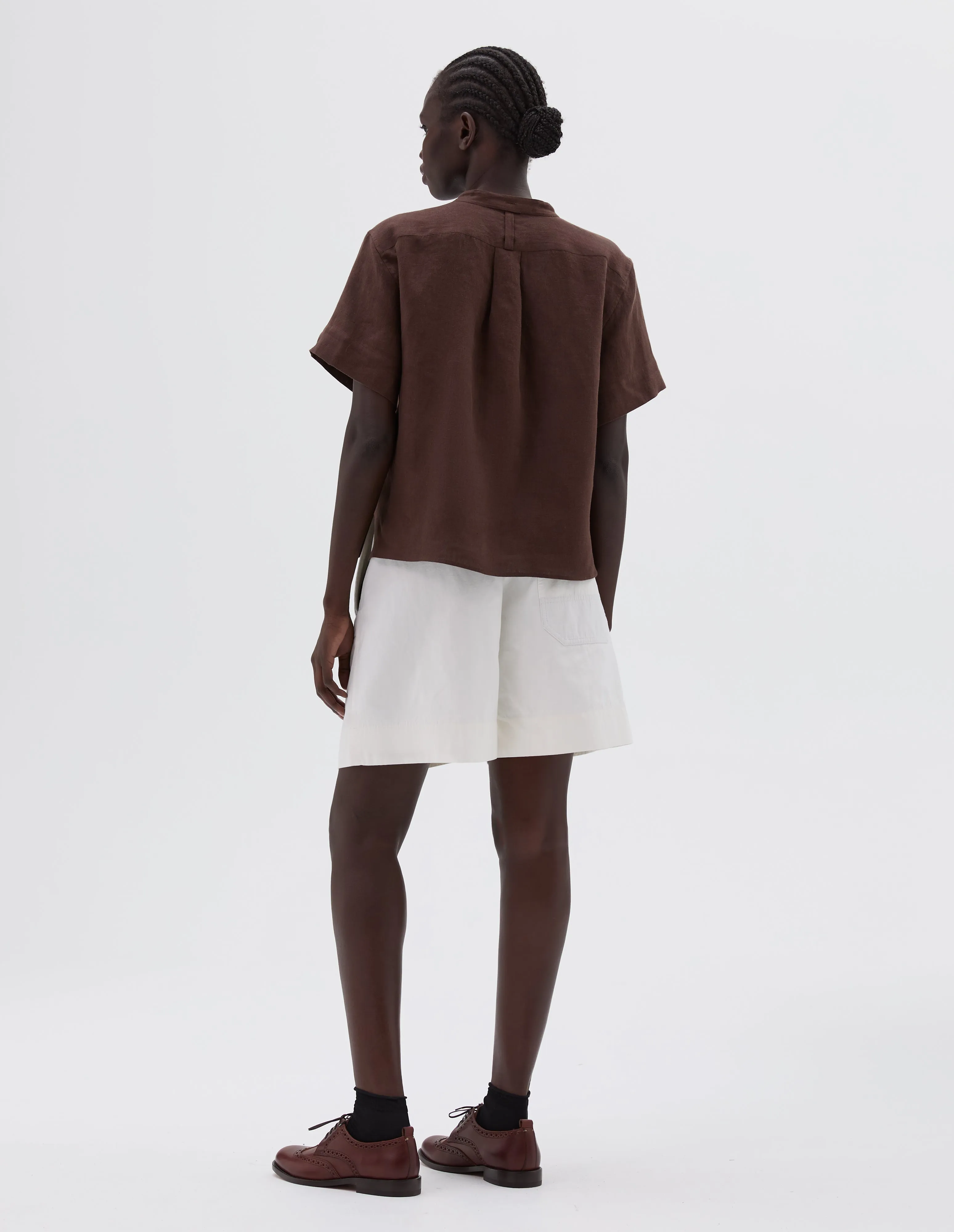SHORT SLEEVE COLLARLESS SHIRT | WASHED SHIRTING LINEN | RICH BROWN sold by Margaret Howell product image thumbnail 3