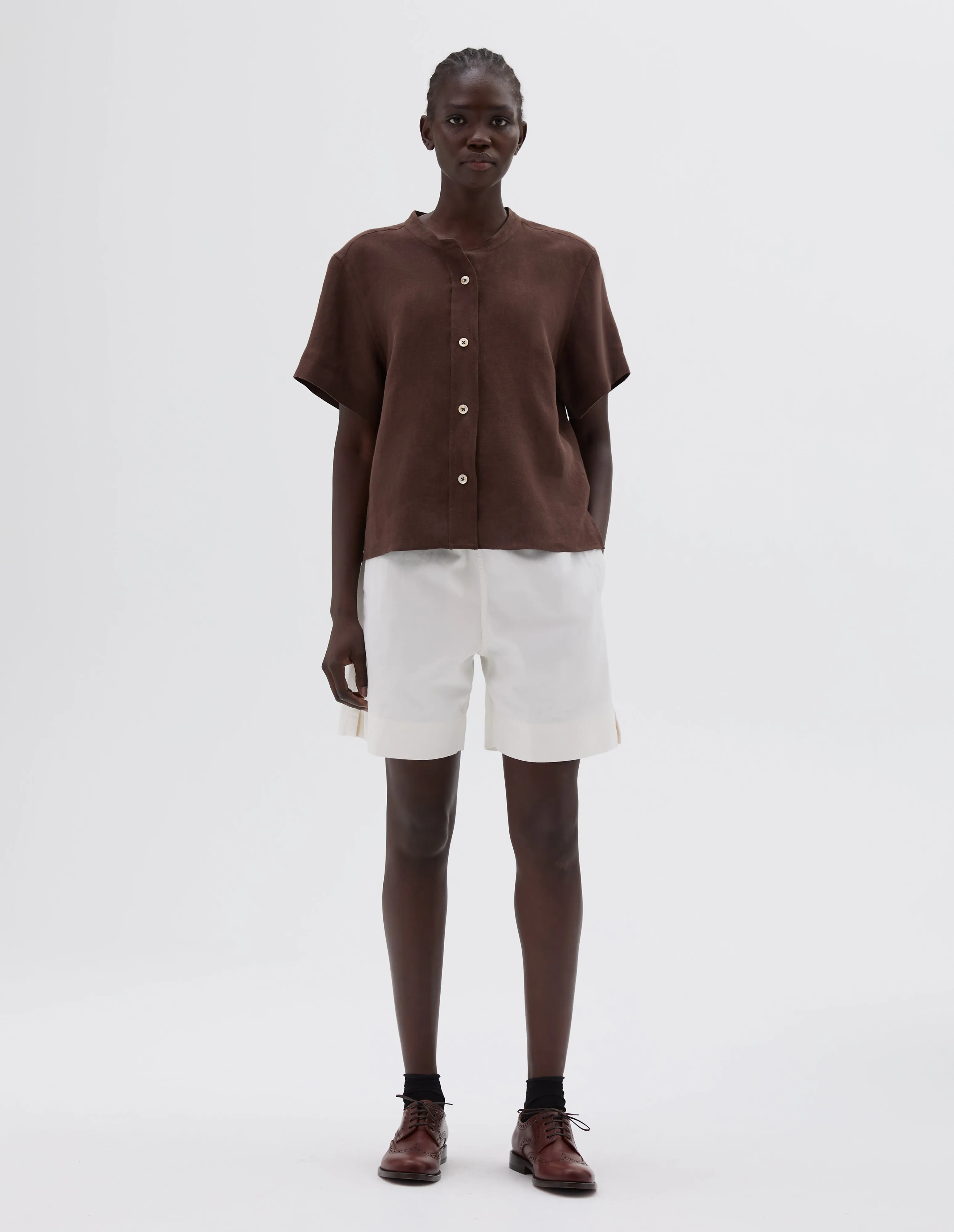 SHORT SLEEVE COLLARLESS SHIRT | WASHED SHIRTING LINEN | RICH BROWN sold by Margaret Howell product image thumbnail 2