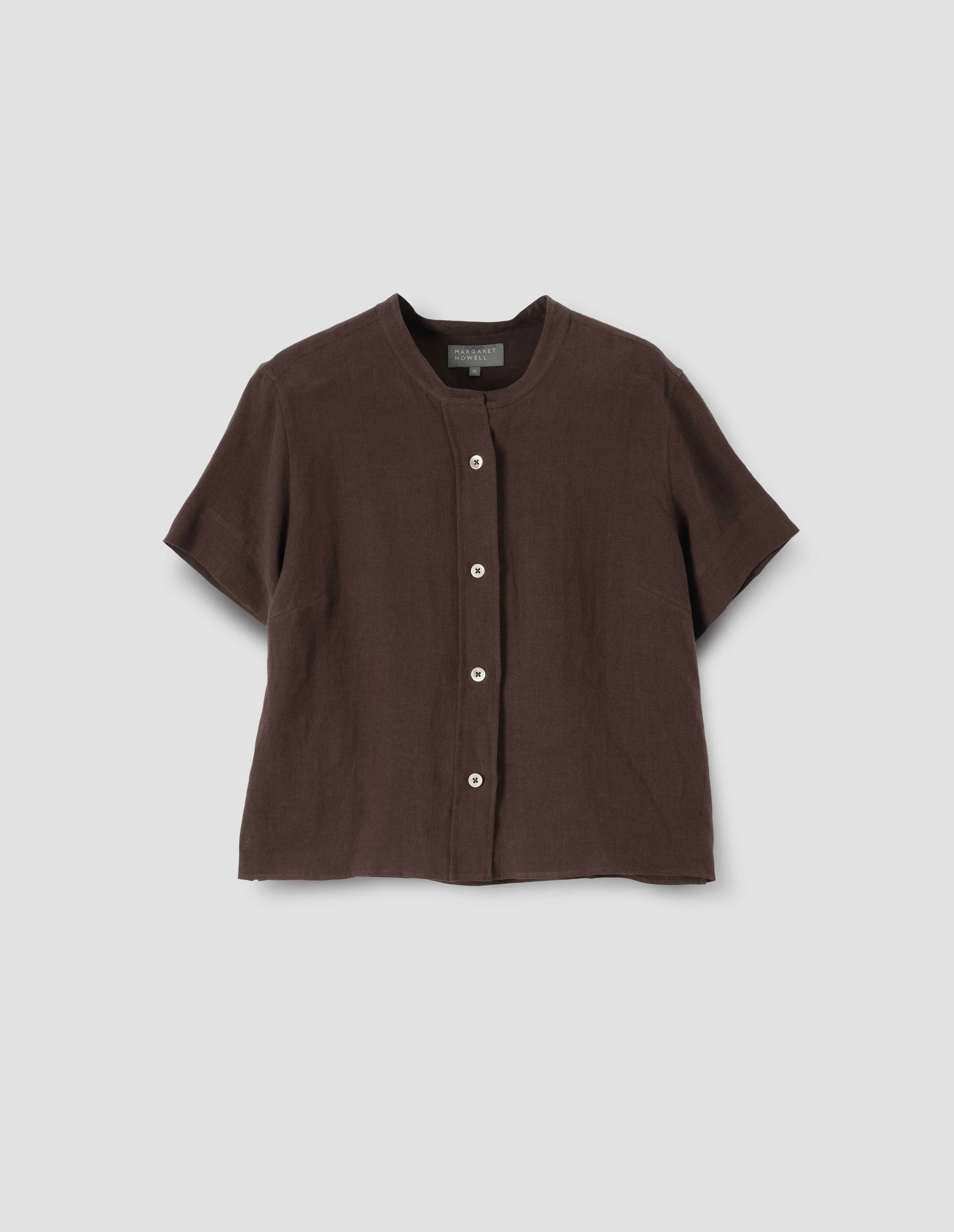 SHORT SLEEVE COLLARLESS SHIRT | WASHED SHIRTING LINEN | RICH BROWN sold by Margaret Howell product image thumbnail 4