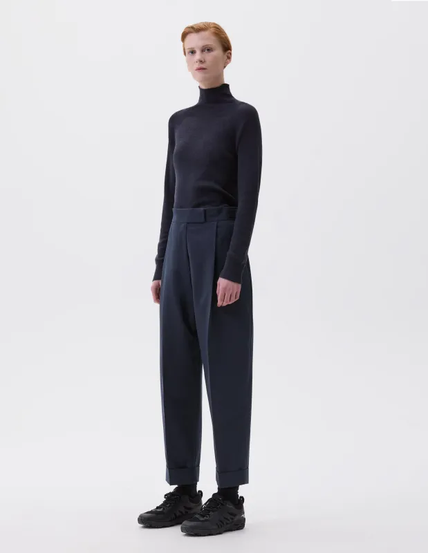 SINGLE PLEAT TROUSERS | FINE PINSTRIPE COTTON WOOL | NAVY / GREY sold by Margaret Howell