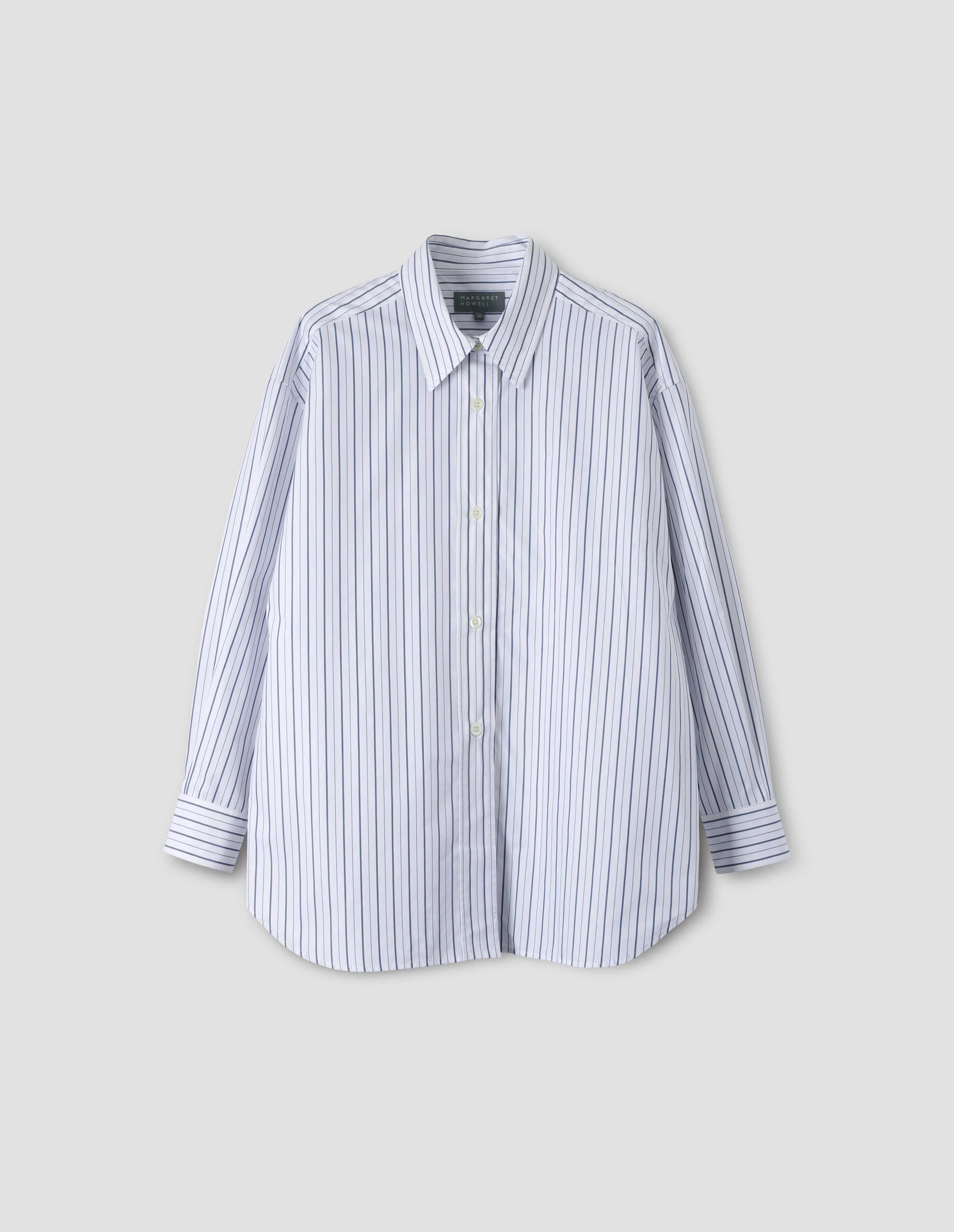 DROPPED SHOULDER SHIRT | PYJAMA STRIPE COTTON SILK | WHITE / BLUE sold by Margaret Howell product image thumbnail 4