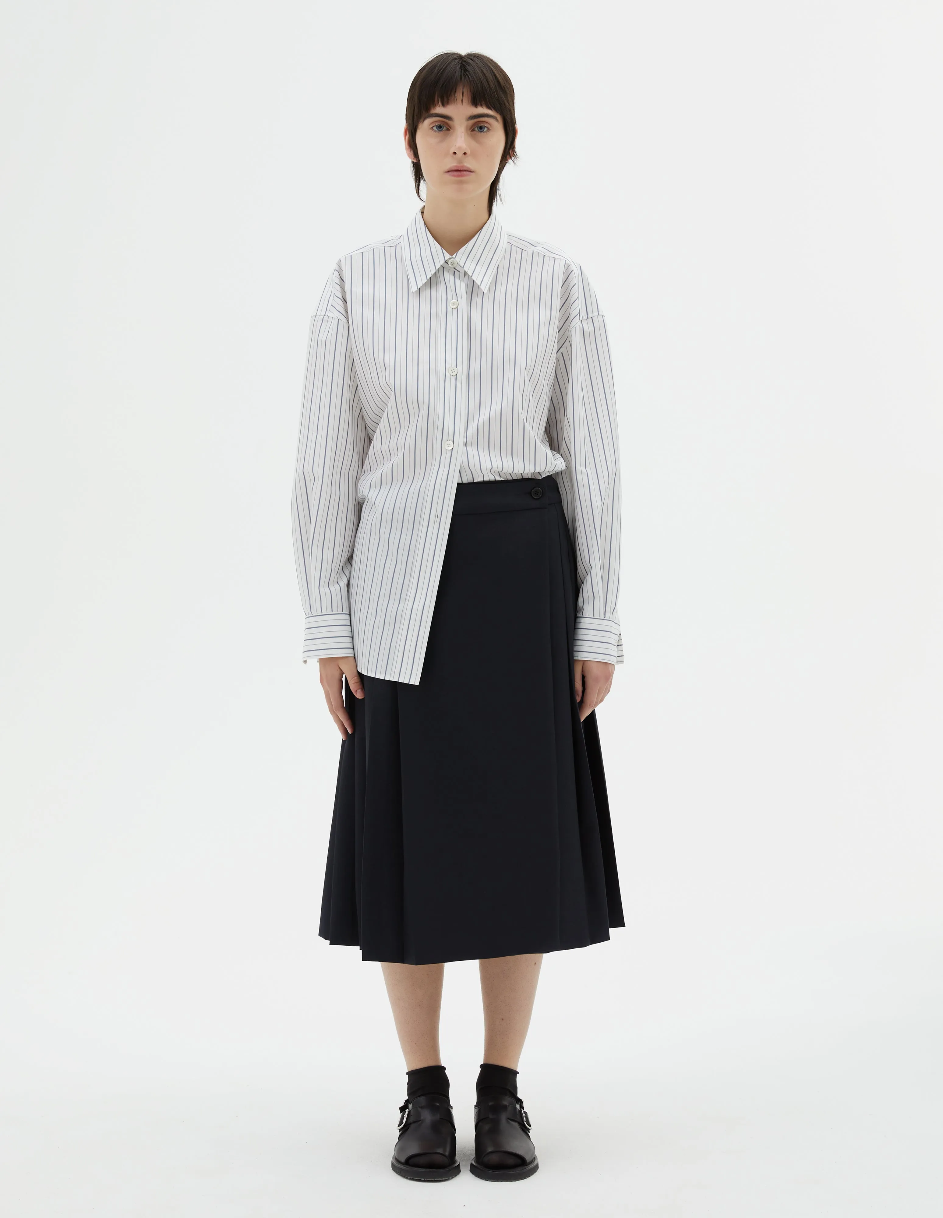 DROPPED SHOULDER SHIRT | PYJAMA STRIPE COTTON SILK | WHITE / BLUE sold by Margaret Howell product image thumbnail 2