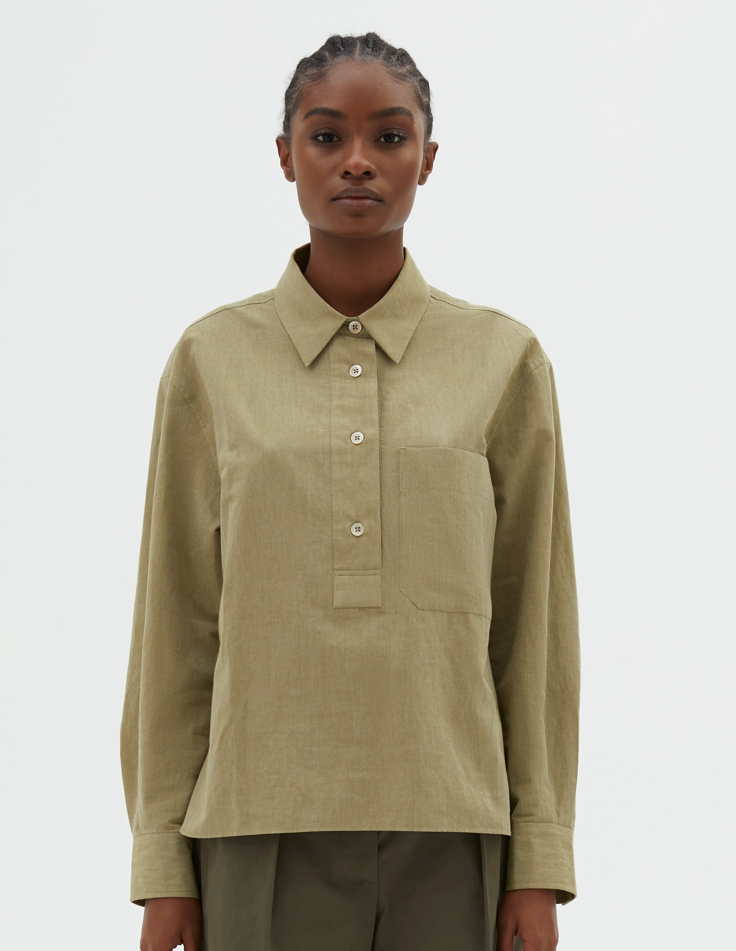 PULLOVER SHIRT | YARN DYED SOFT COTTON | KHAKI sold by Margaret Howell