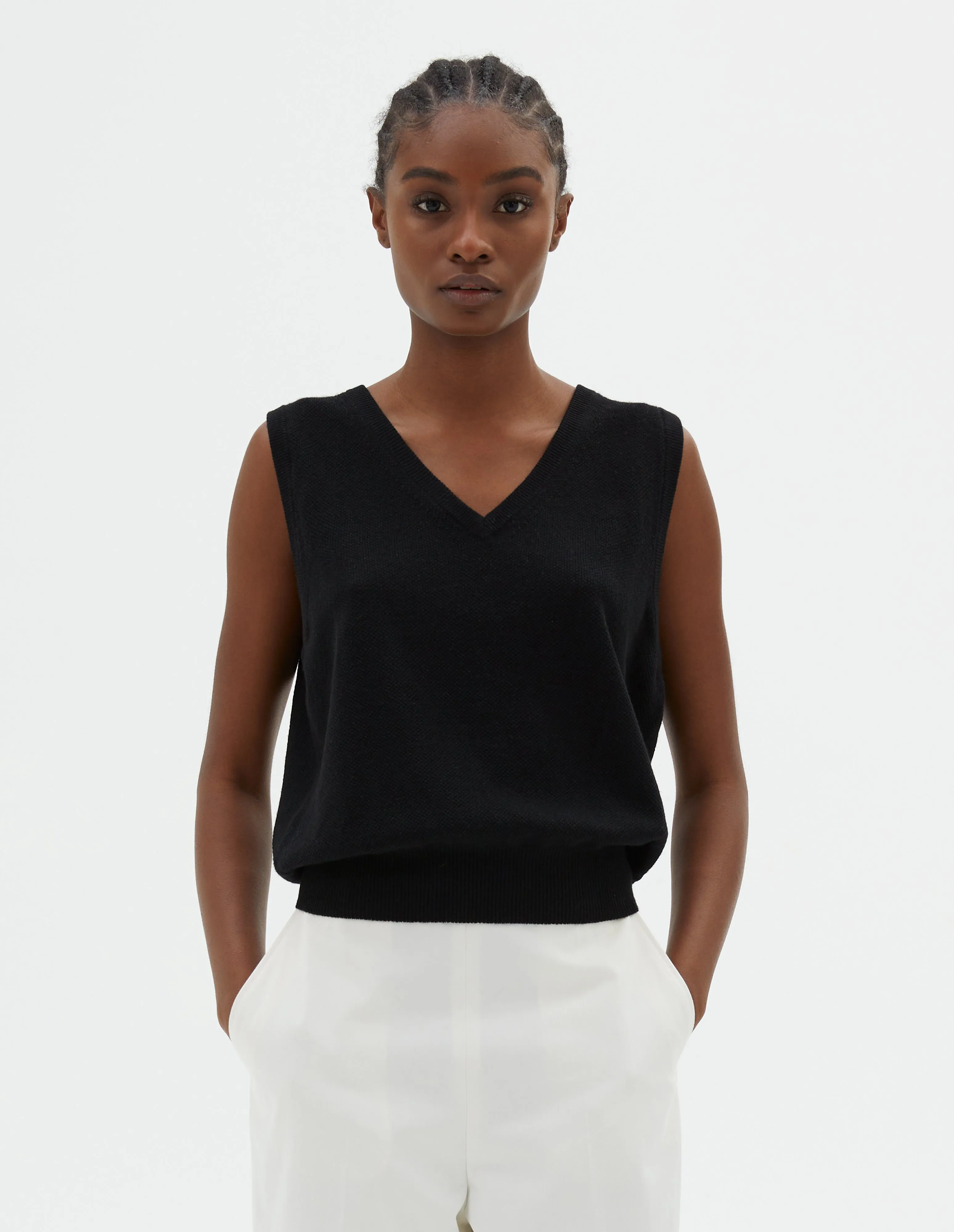 PIQUE V NECK SLIPOVER | WOOL SILK CASHMERE | BLACK sold by Margaret Howell
