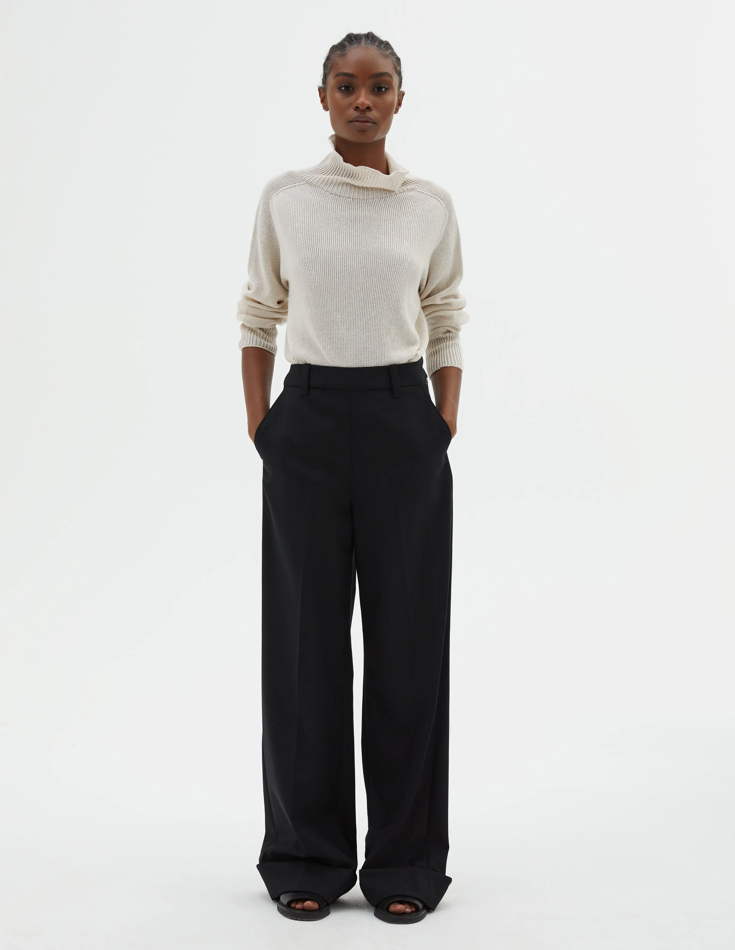 TURN UP SAILOR TROUSER | MATT WOOL TWILL | BLACK sold by Margaret Howell