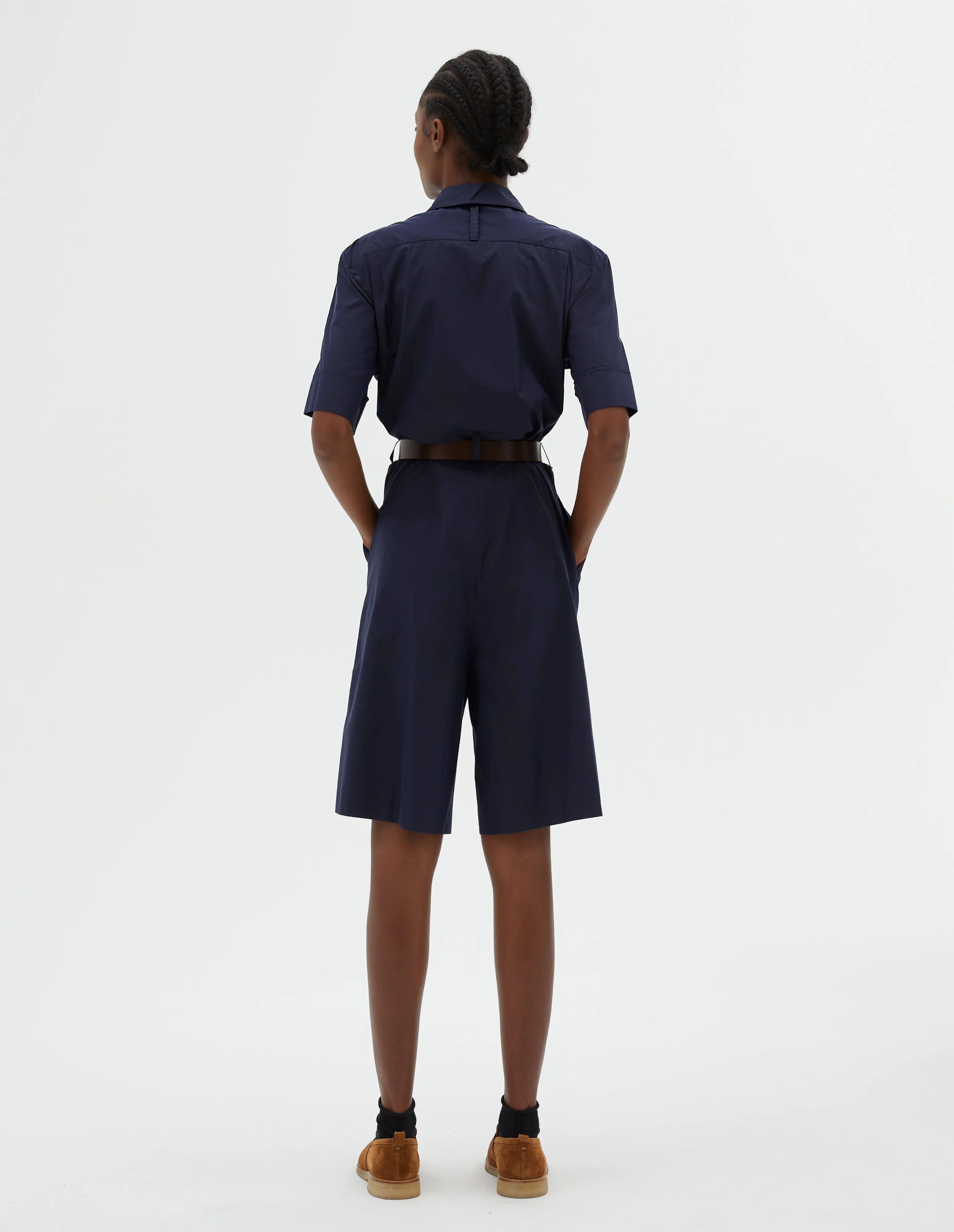 SHORT SLEEVE ONE PIECE | COTTON SILK POPLIN | NAVY sold by Margaret Howell product image thumbnail 2