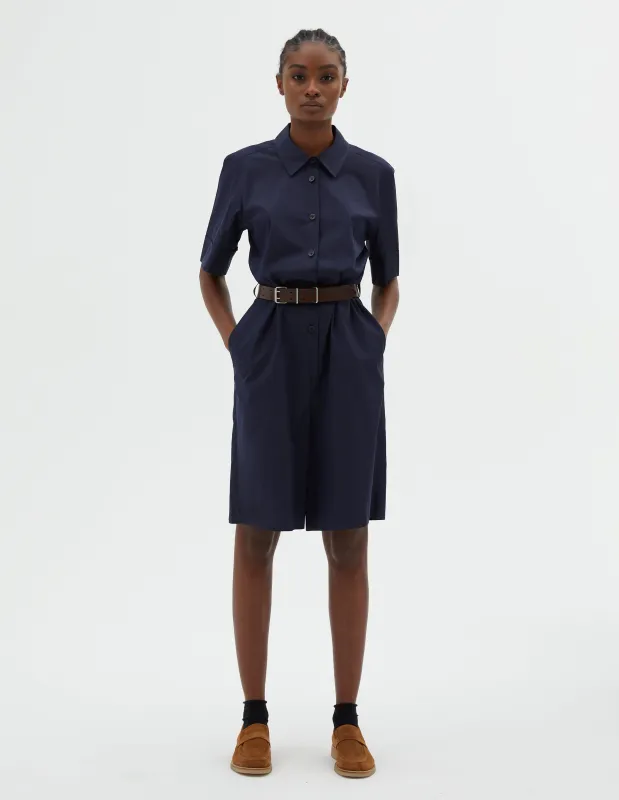 SHORT SLEEVE ONE PIECE | COTTON SILK POPLIN | NAVY sold by Margaret Howell