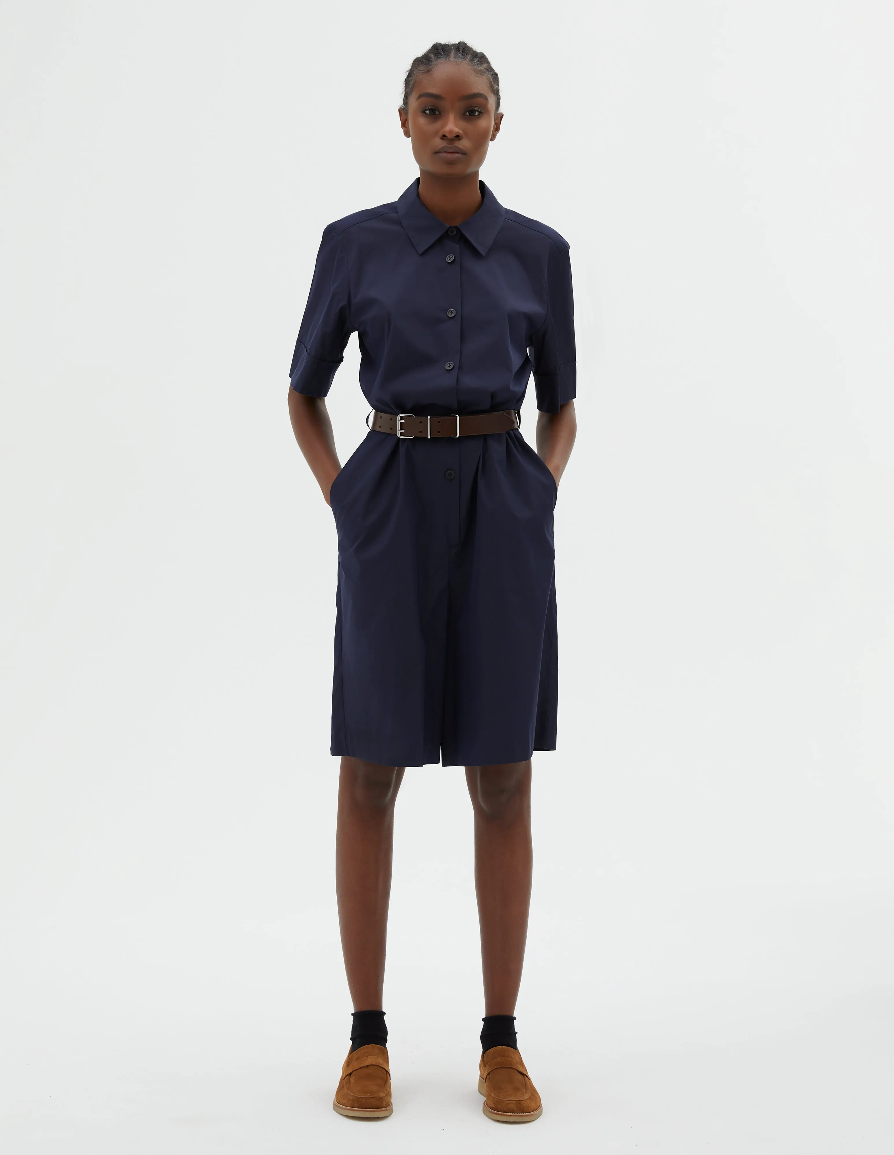 SHORT SLEEVE ONE PIECE | COTTON SILK POPLIN | NAVY sold by Margaret Howell