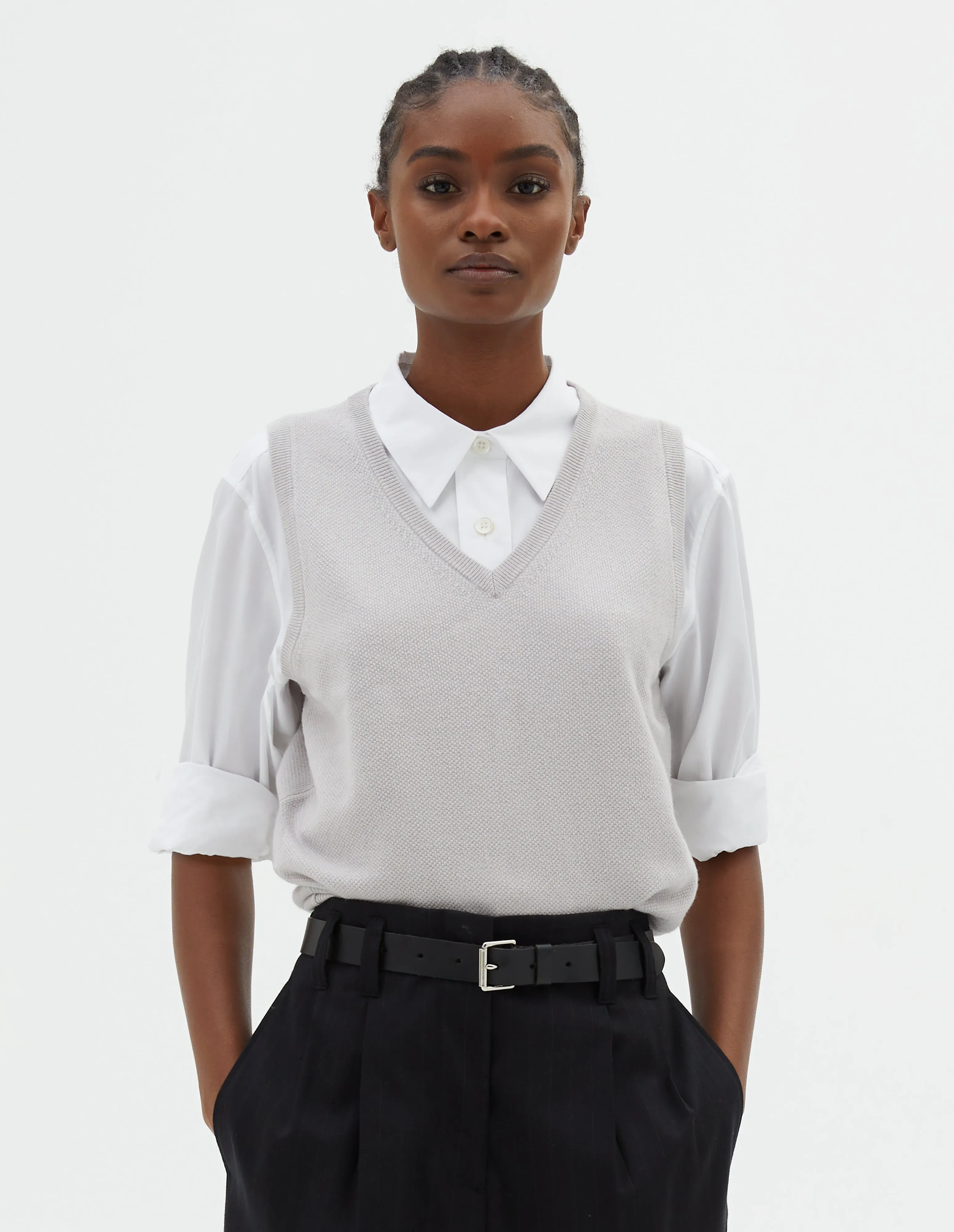 PIQUE V NECK SLIPOVER | WOOL SILK CASHMERE | PEARL sold by Margaret Howell