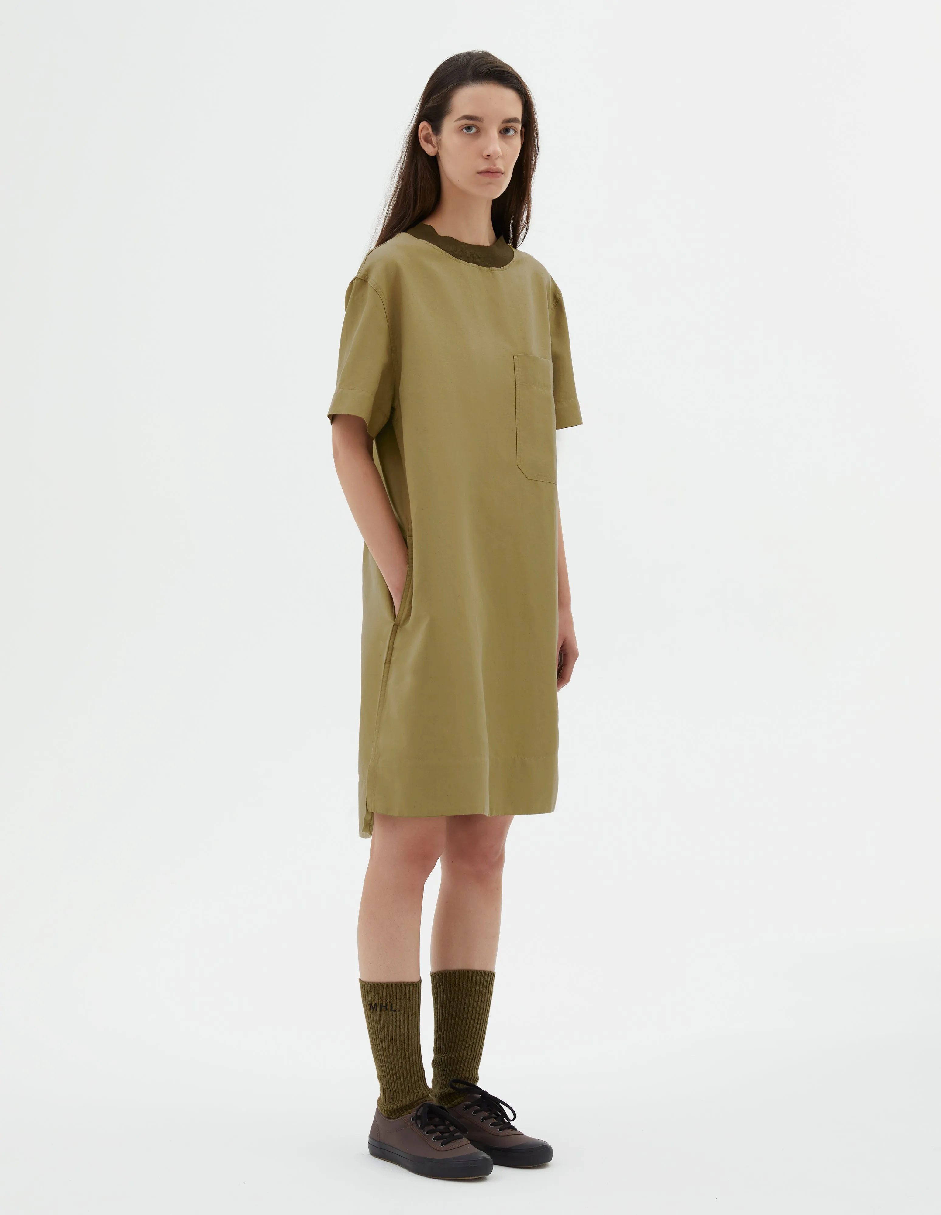 MHL. T SHIRT DRESS | VINTAGE COTTON LINEN | KHAKI GREEN