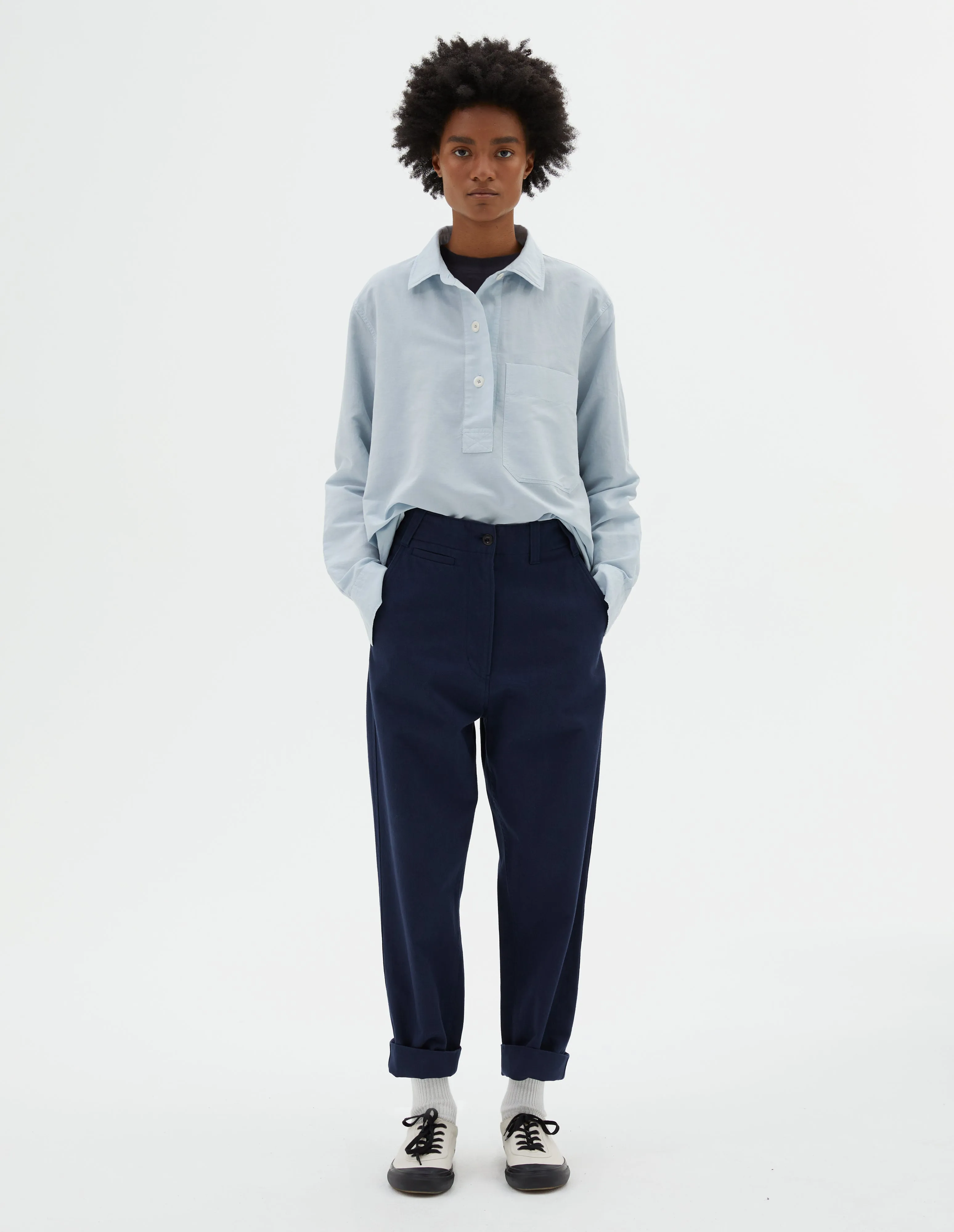 MHL. TAB WAIST TAPERED TROUSER | WORN COTTON DRILL | INDIGO sold by Margaret Howell