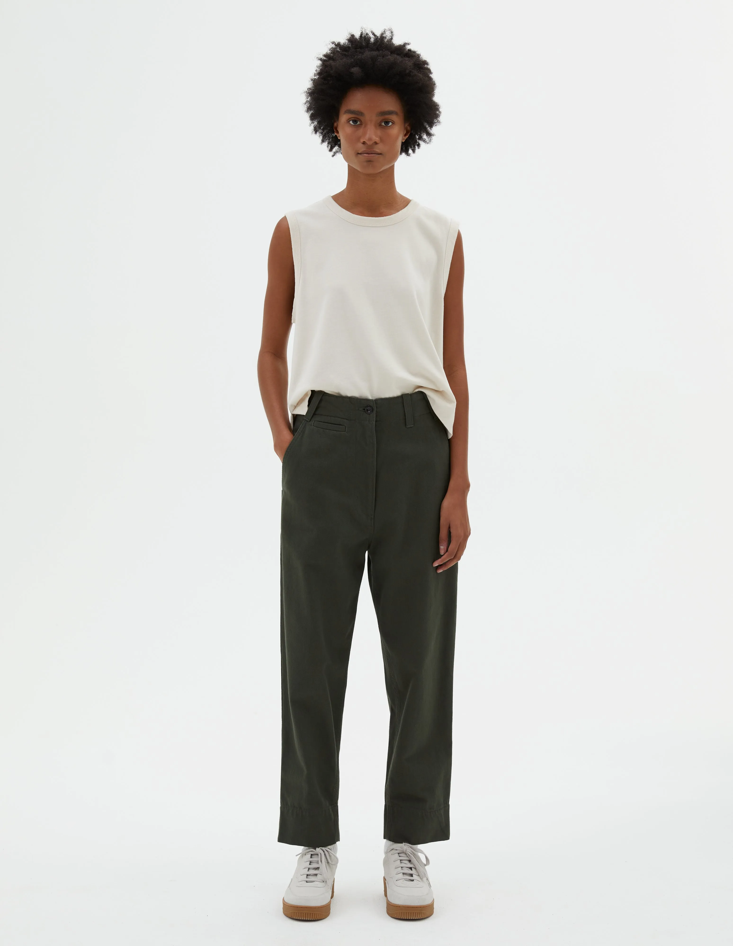 MHL. TAB WAIST TAPERED TROUSER | WORN COTTON DRILL | FOREST sold by Margaret Howell