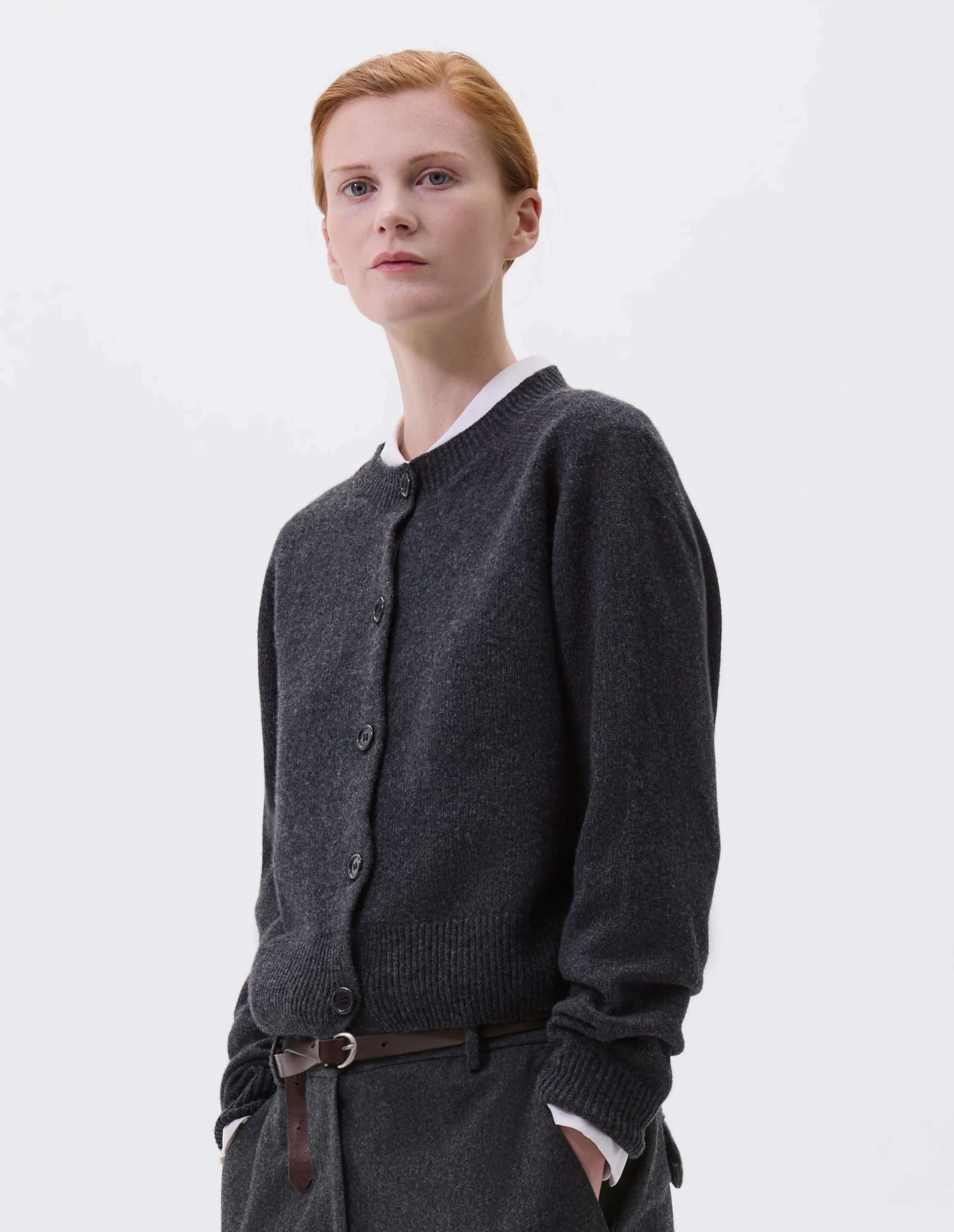 SMALL CREW NECK CARDIGAN | MERINO CASHMERE | STORM GREY sold by Margaret Howell