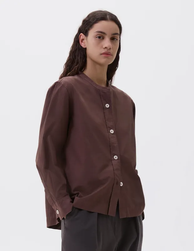 MHL. BUTTON THROUGH COLLARLESS SHIRT | COMPACT COTTON POPLIN | GRAPE sold by Margaret Howell