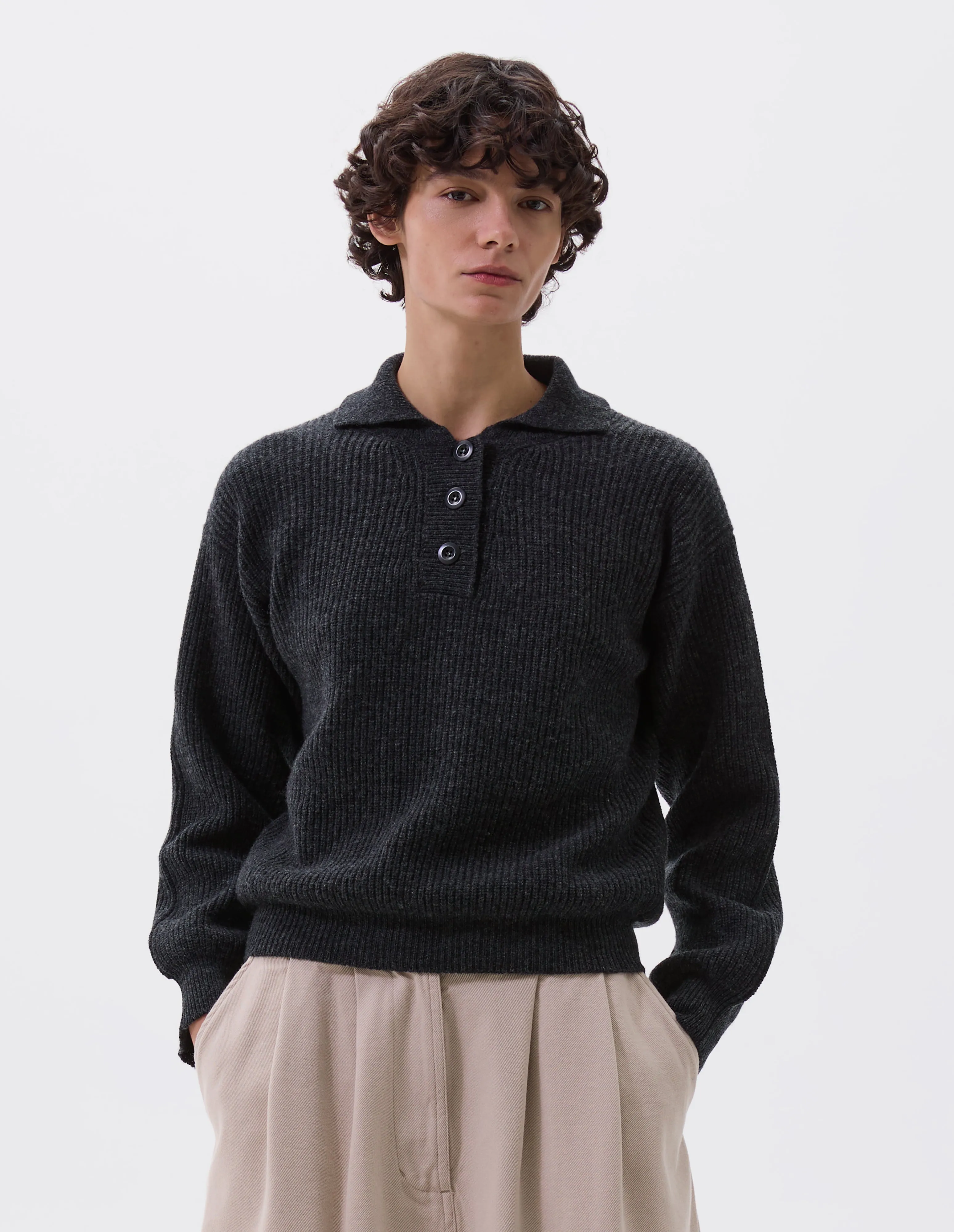 MHL. 3 BUTTON POLO | LAMBSWOOL | CHARCOAL sold by Margaret Howell