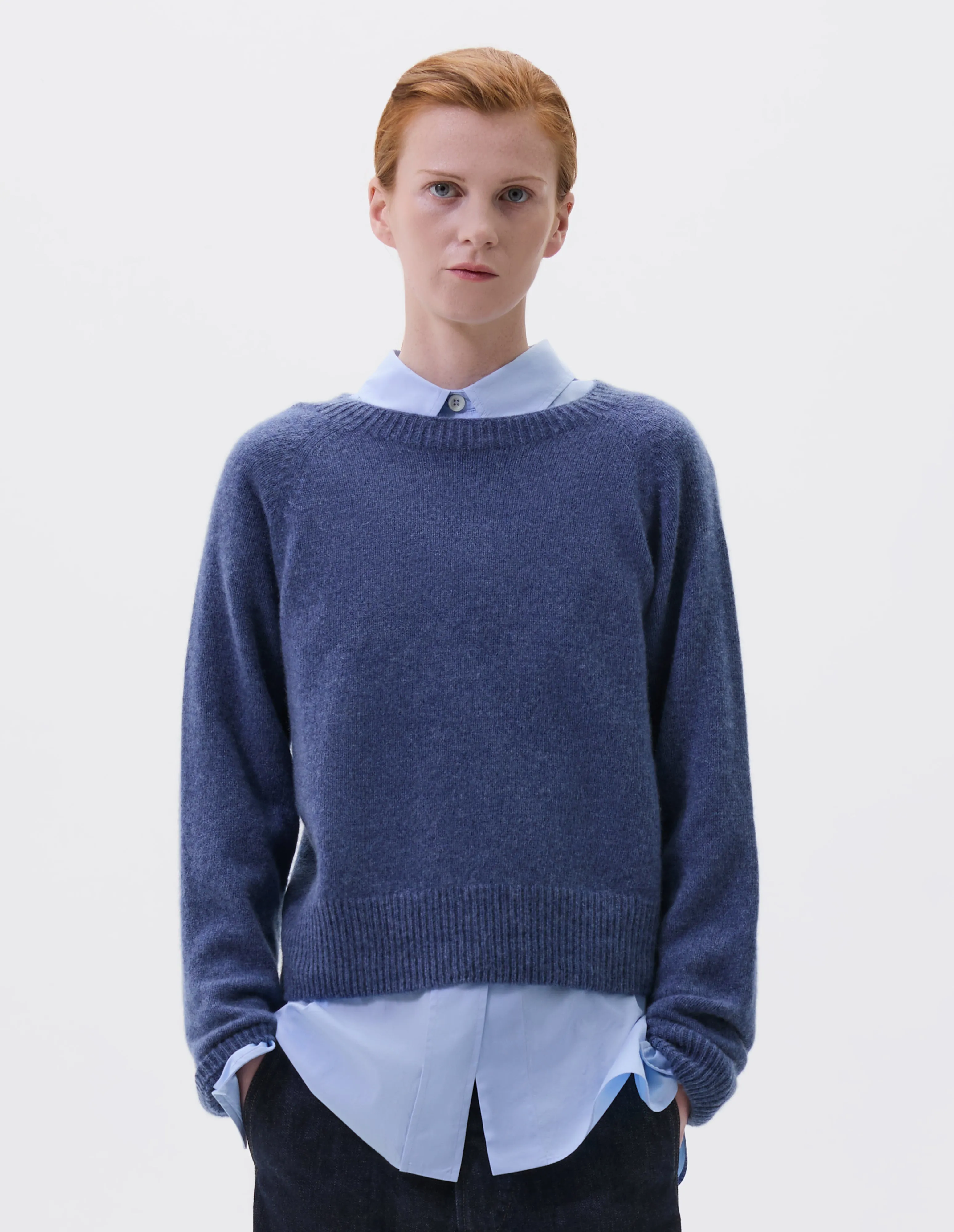SHORT CLASSIC CREW NECK | RECYCLED CASHMERE | BLUE MELANGE sold by Margaret Howell