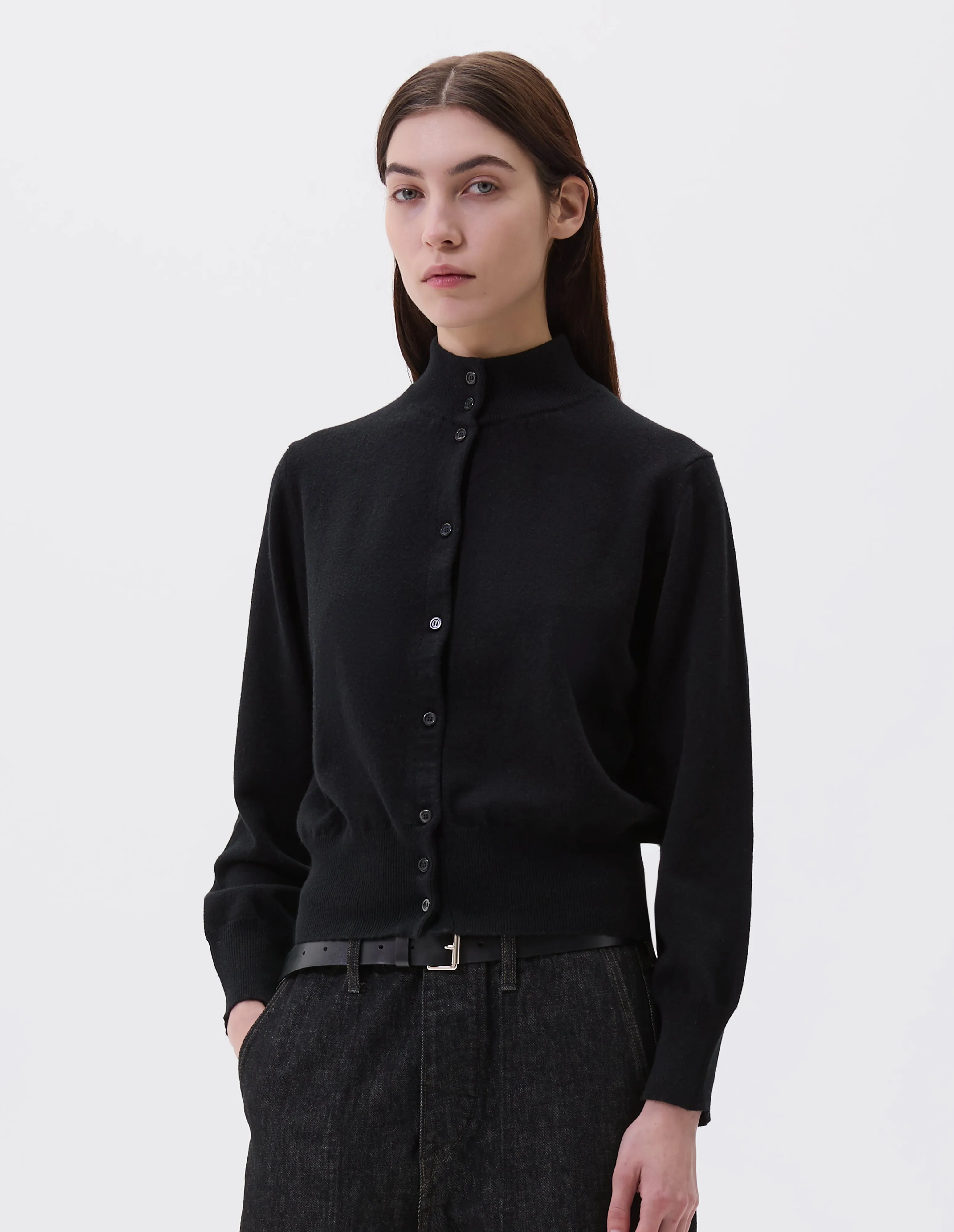HIGH NECK BOMBER CARDIGAN | MERINO CASHMERE | BLACK sold by Margaret Howell