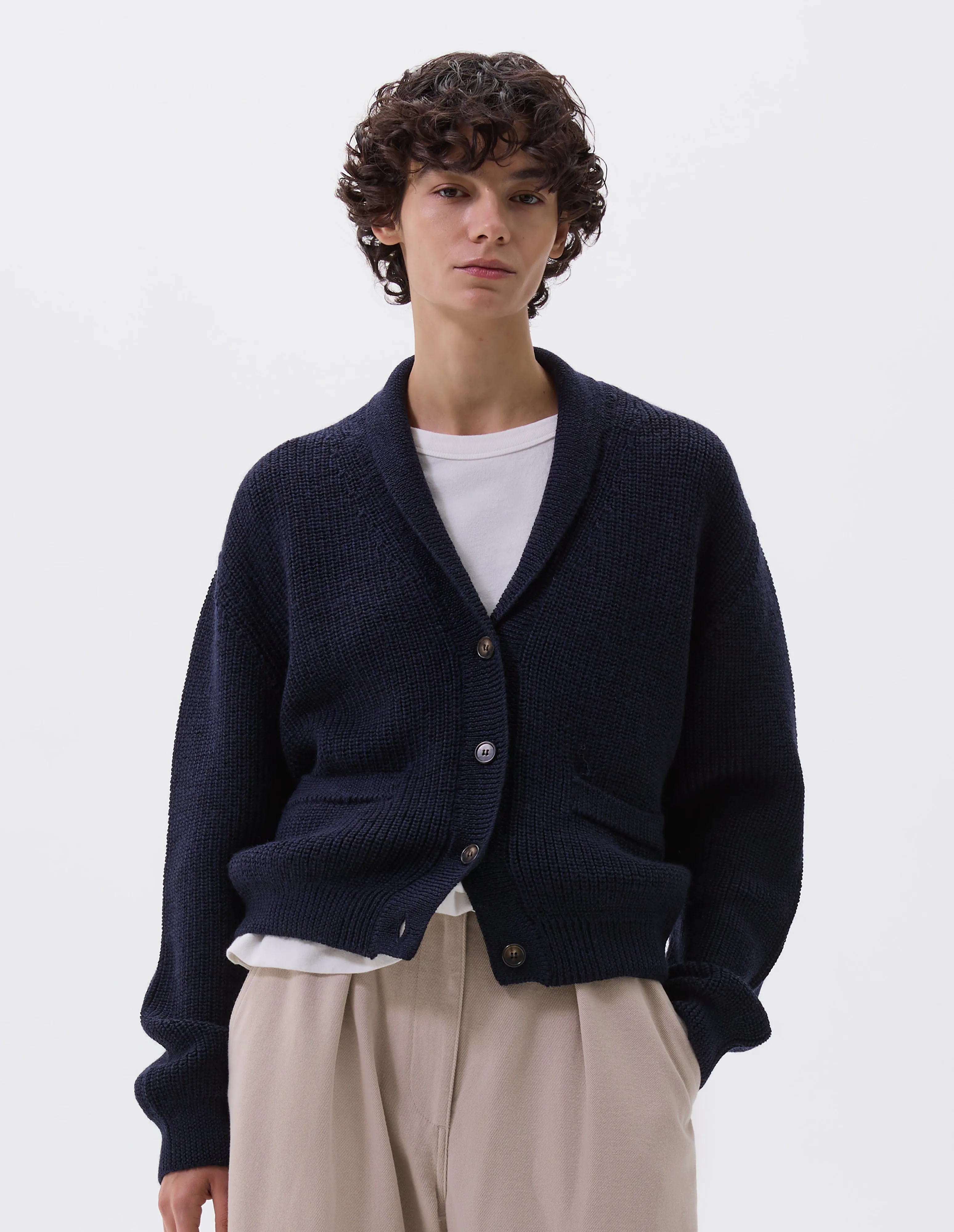 MHL. SHAWL COLLAR CARDIGAN | PURE WOOL | DARK NAVY sold by Margaret Howell