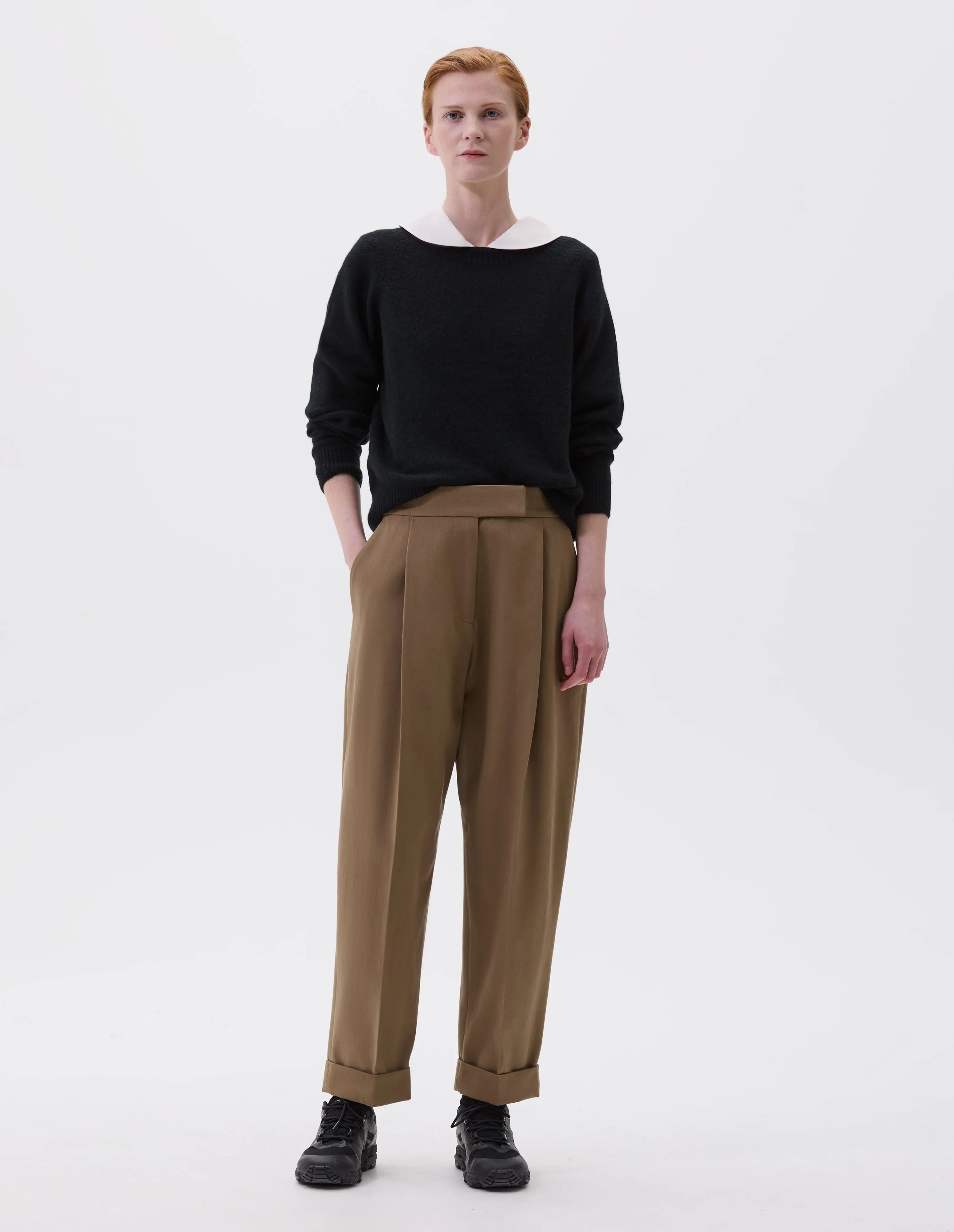 SINGLE PLEAT TROUSERS | COTTON CASHMERE TWILL | DARK SAND sold by Margaret Howell