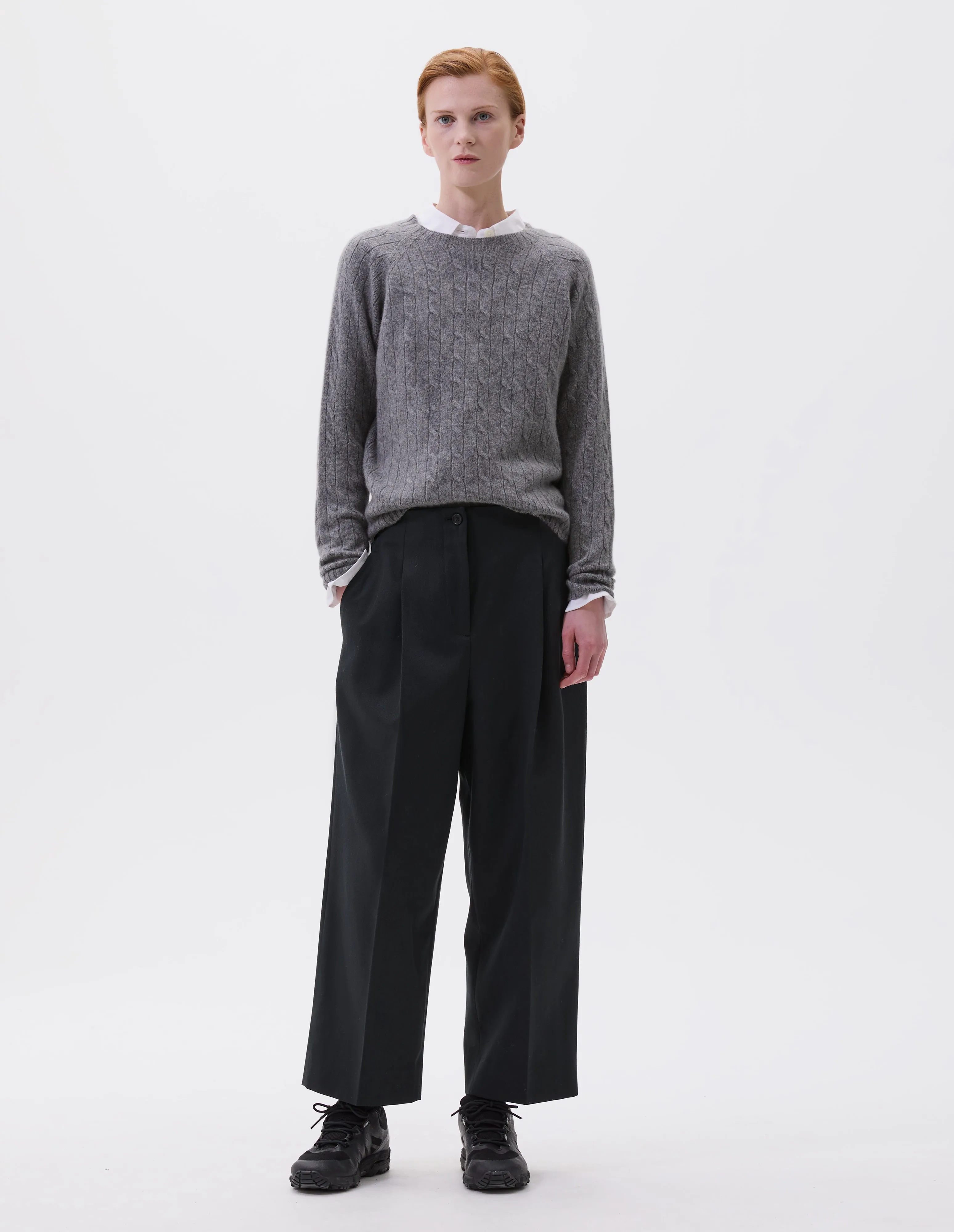 PLEATED FRONT CROPPED TROUSERS | WOOL COTTON TWILL | SLATE sold by Margaret Howell