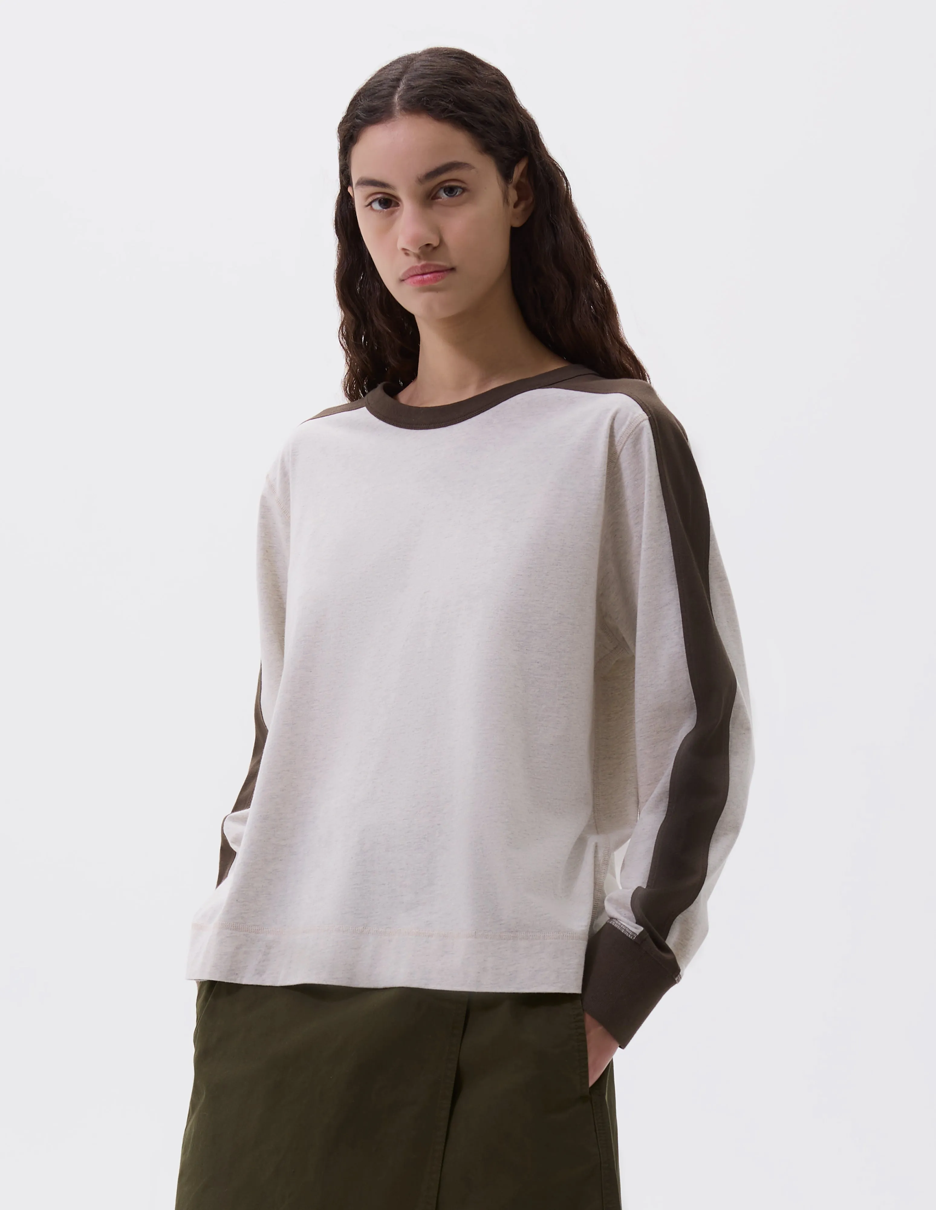 MHL. TRAINING TOP | DRY COTTON MELANGE JERSEY | OFF WHITE / KHAKI sold by Margaret Howell