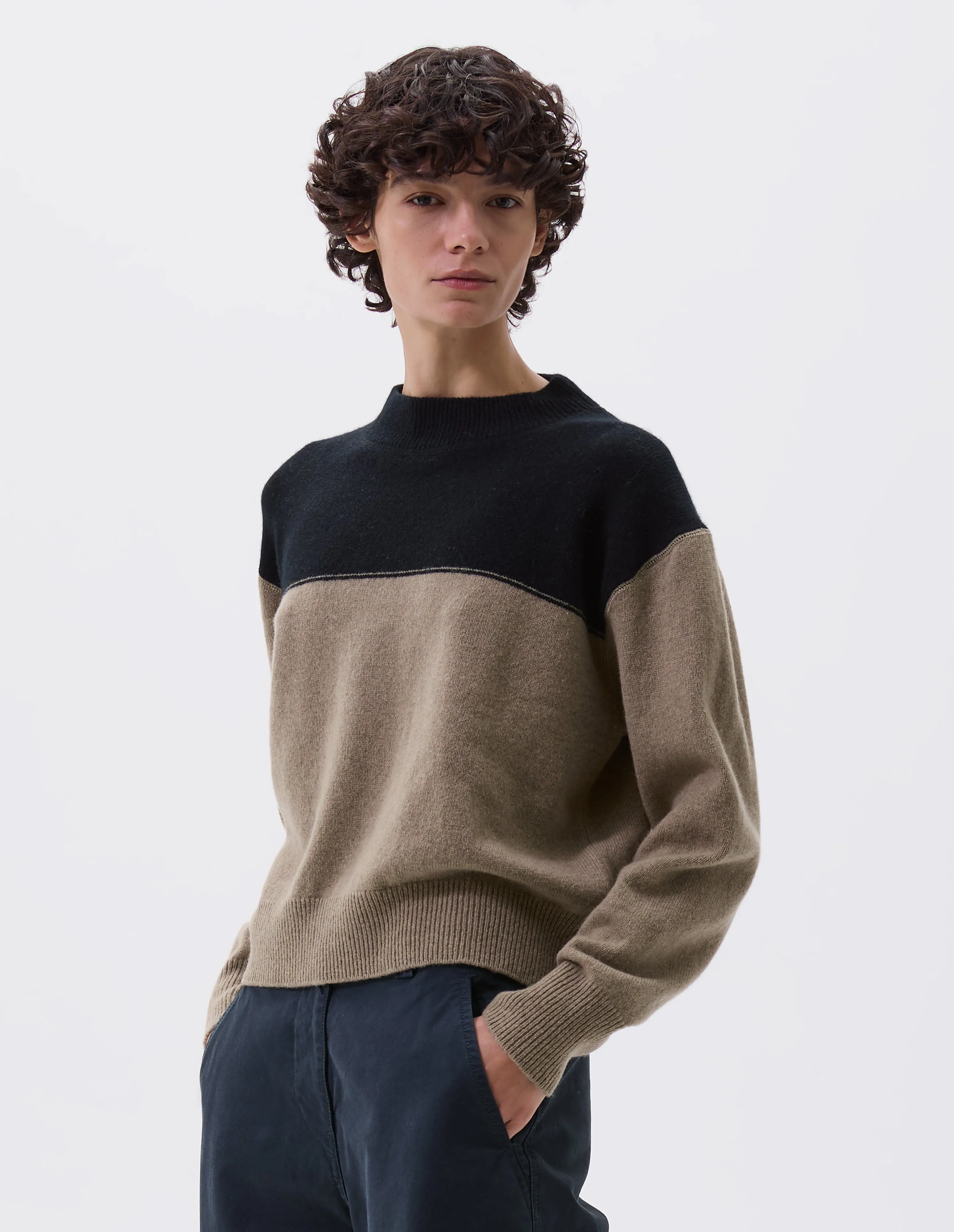 MHL. COLOUR BLOCK JUMPER | LAMBSWOOL | BLACK / LINEN sold by Margaret Howell