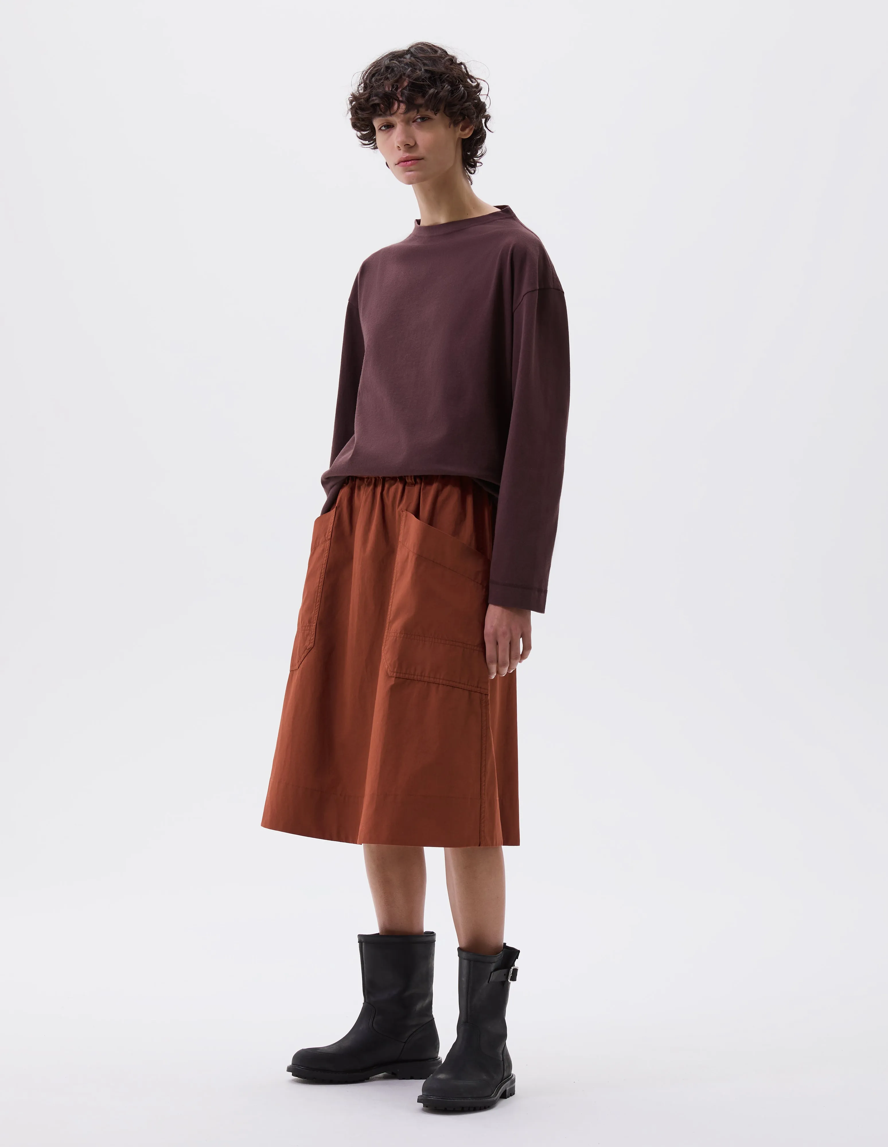MHL. PATCH POCKET SKIRT | WASHED COTTON POPLIN | BRICK sold by Margaret Howell