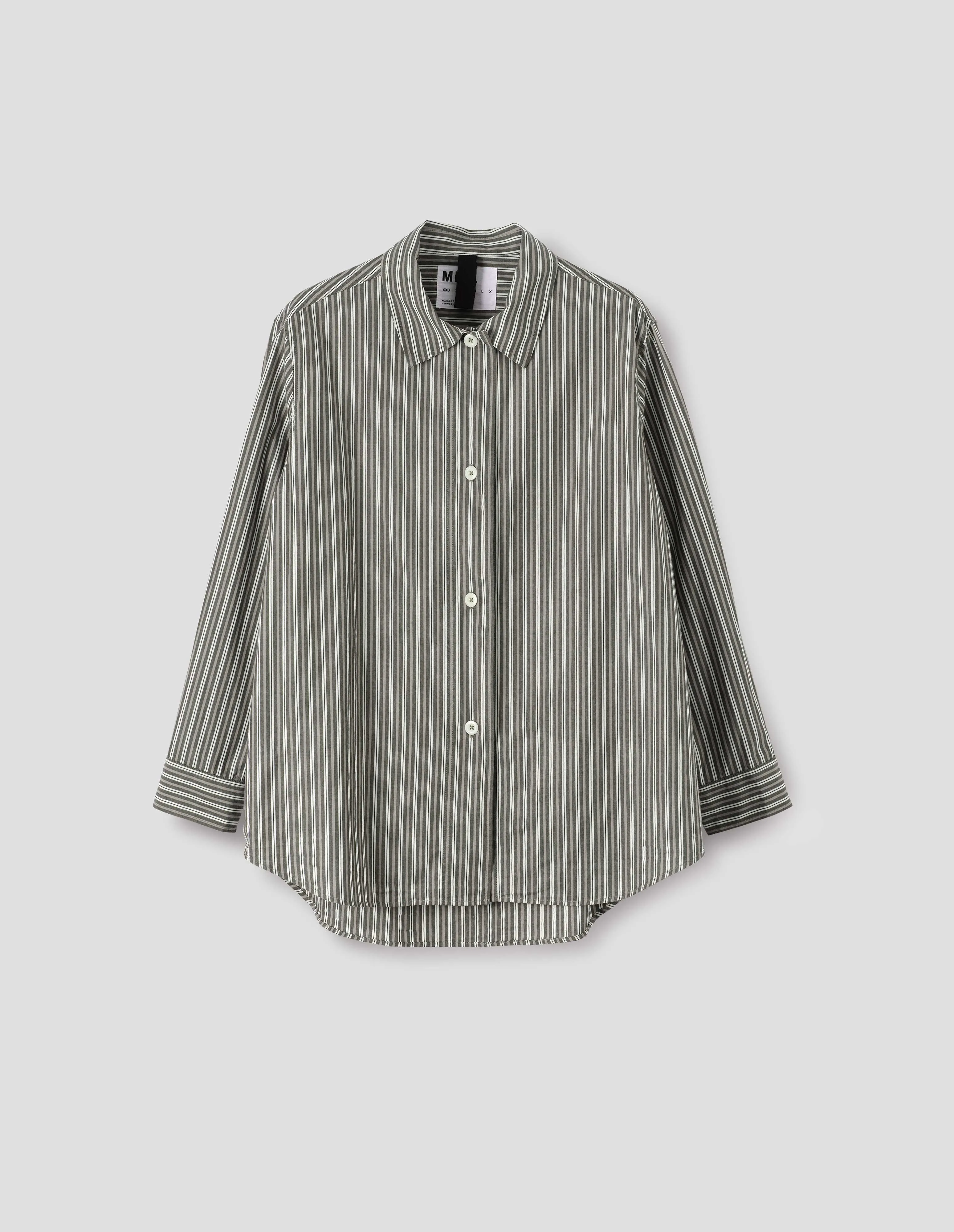 MHL. LONGLINE SHIRT | TWO TONE COTTON STRIPE | FOREST / GREY / OFF WHITE sold by Margaret Howell product image thumbnail 4