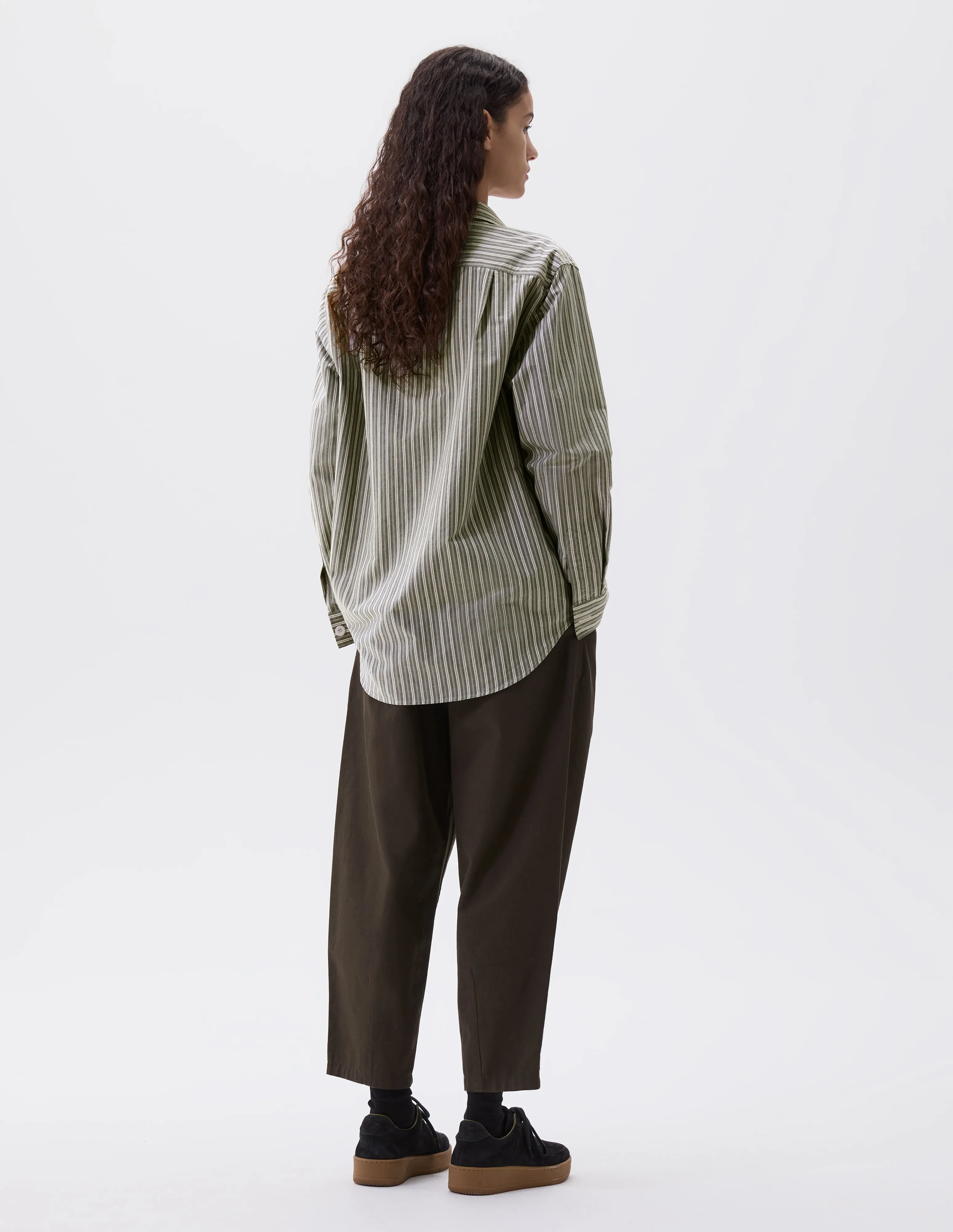 MHL. LONGLINE SHIRT | TWO TONE COTTON STRIPE | FOREST / GREY / OFF WHITE sold by Margaret Howell product image thumbnail 3