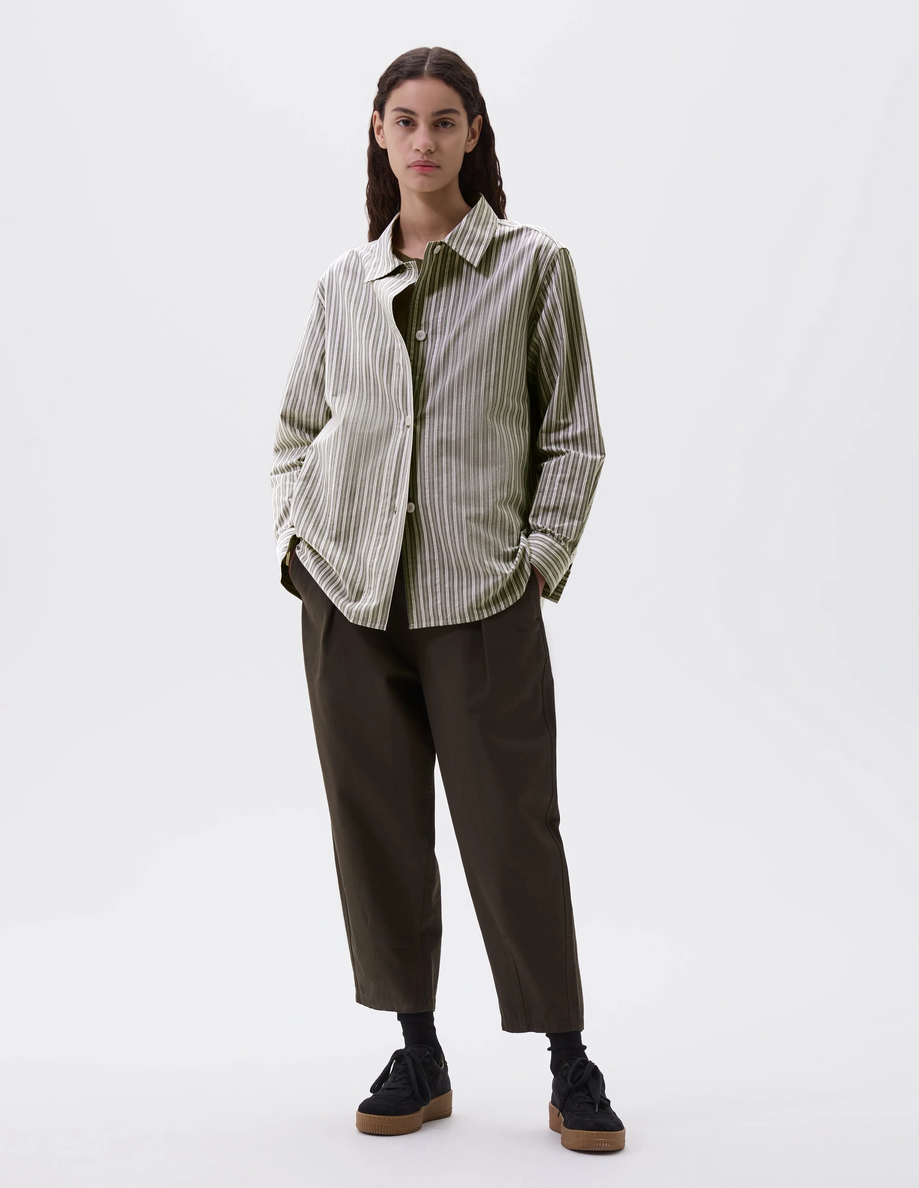 MHL. LONGLINE SHIRT | TWO TONE COTTON STRIPE | FOREST / GREY / OFF WHITE sold by Margaret Howell product image thumbnail 2