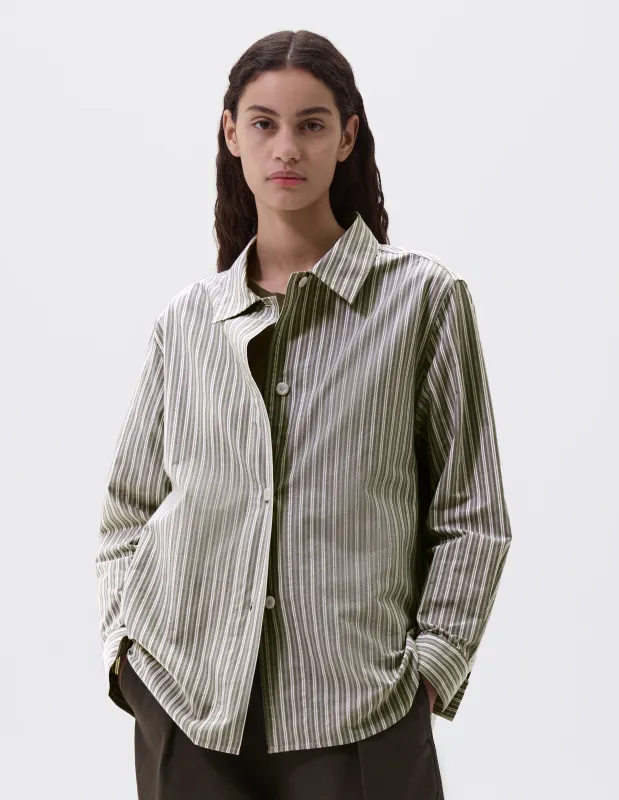 MHL. LONGLINE SHIRT | TWO TONE COTTON STRIPE | FOREST / GREY / OFF WHITE sold by Margaret Howell