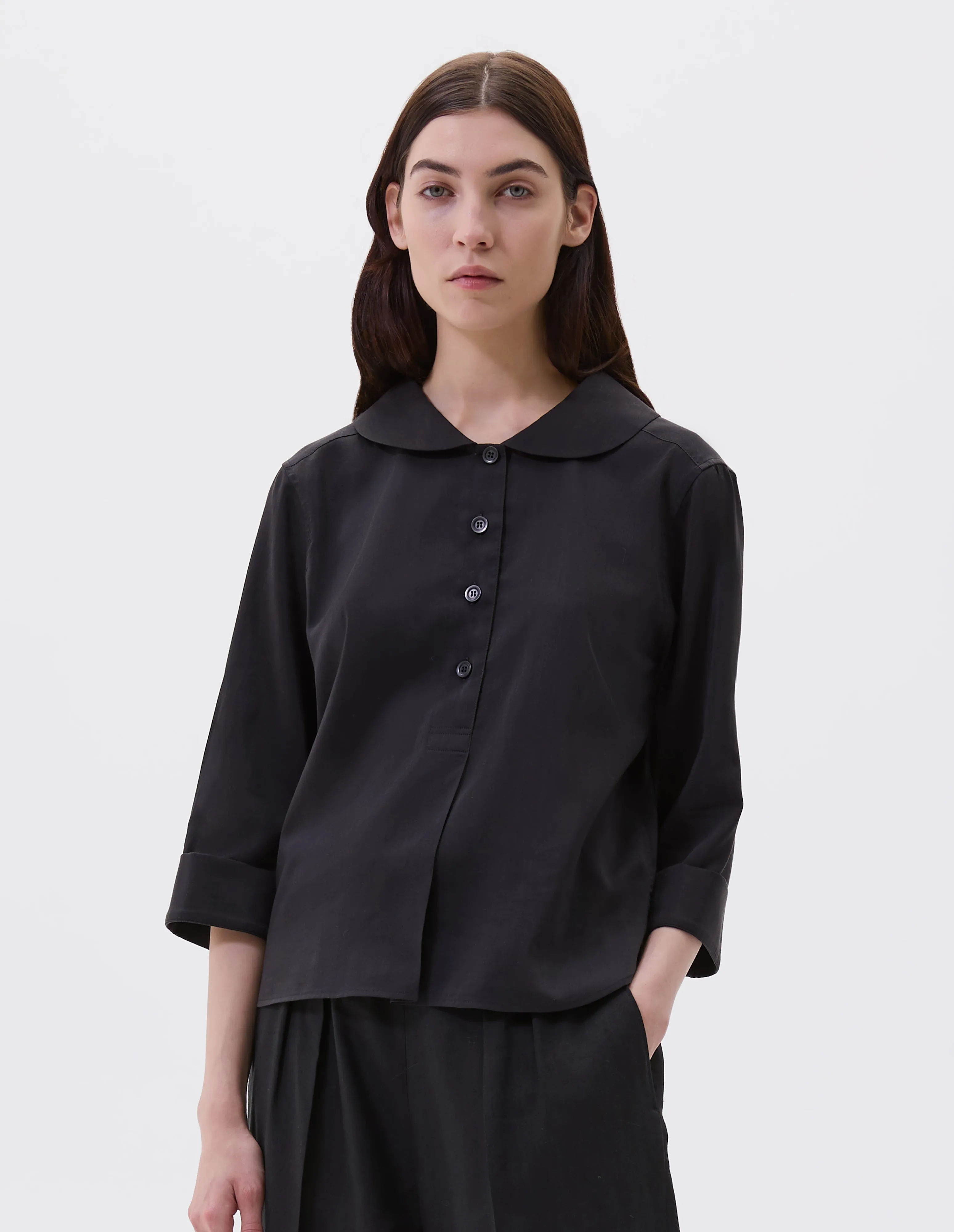 PETAL COLLAR SHIRT | FINE COTTON SILK | BLACK sold by Margaret Howell